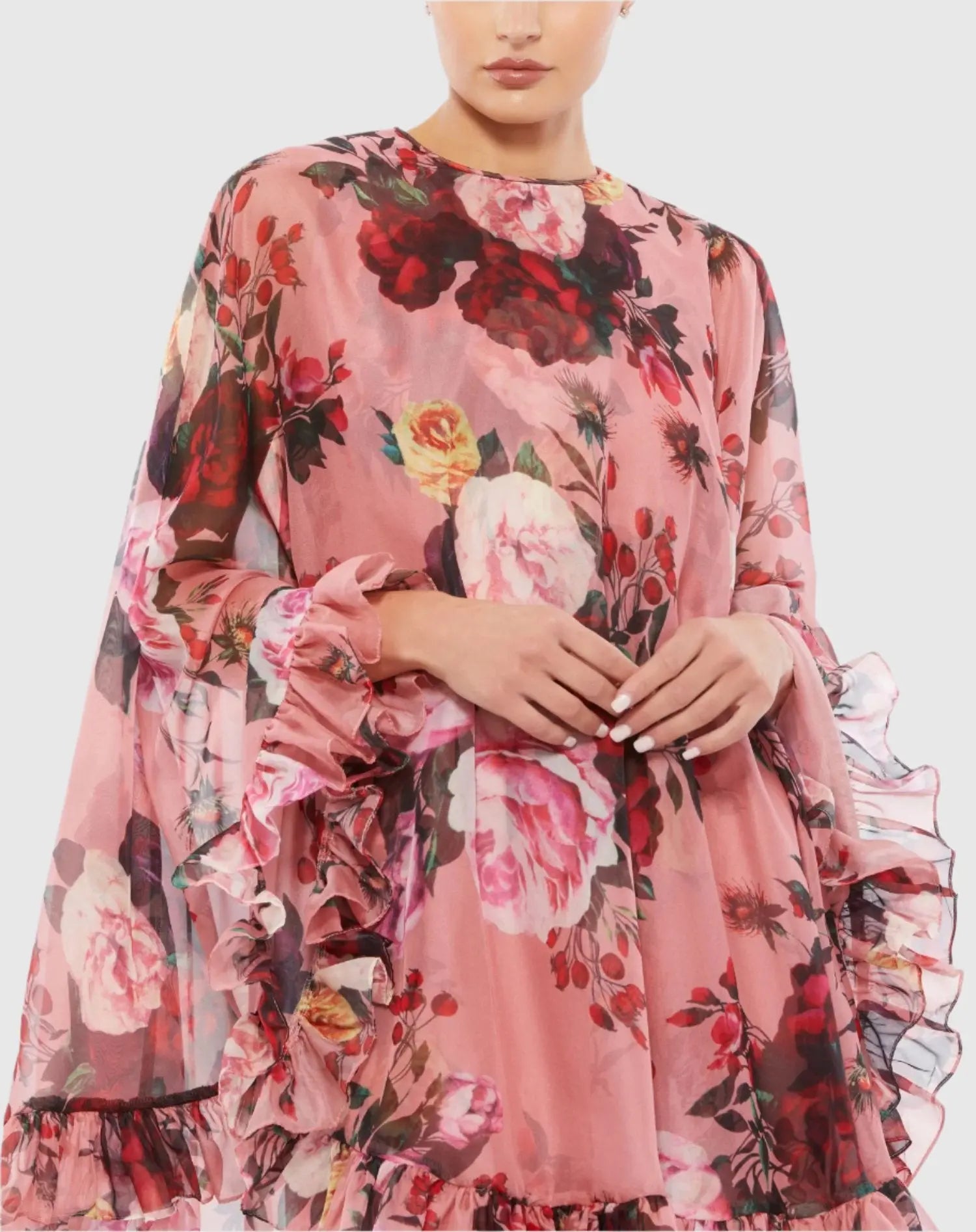Pink Multicolor Floral Print High Neck Ruffle Hem Cape Mini Dress - Mac Duggal Pink Multicolor Floral Print High Neck Ruffle Hem Cape Mini Dress - Mac Duggal
