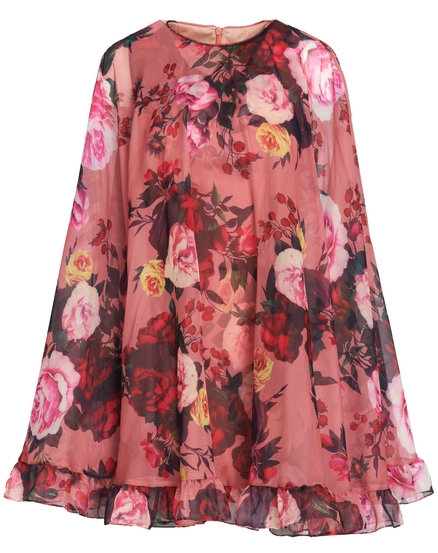 Floral Print High Neck Ruffle Hem Cape Mini Dress