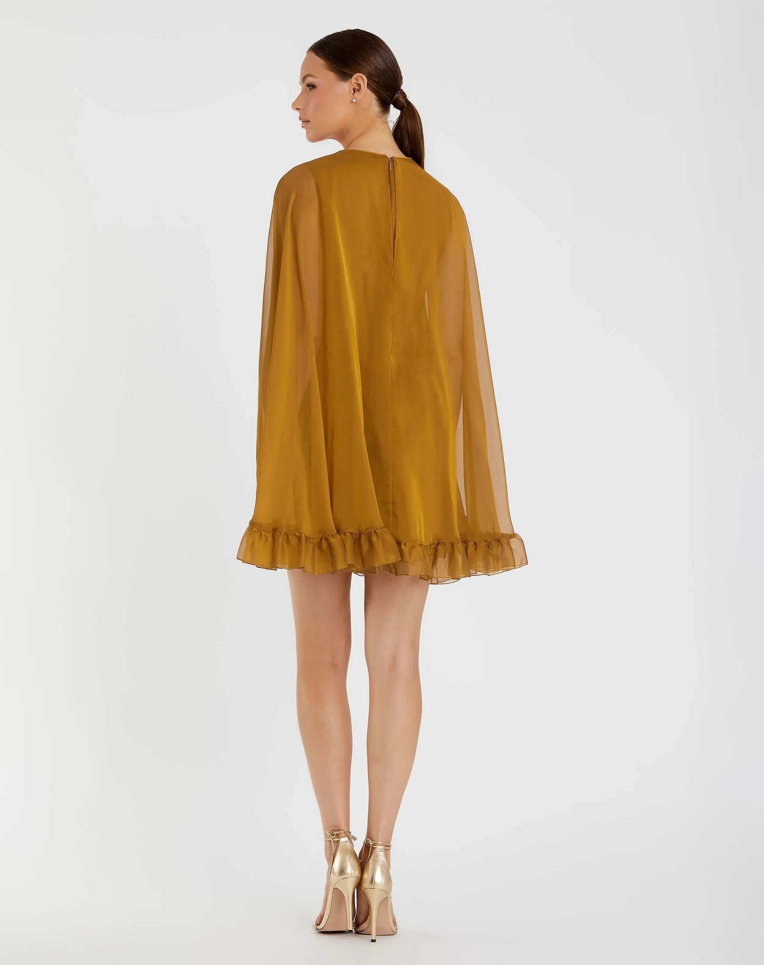 Dark Yellow High Neck Ruffle Hem Cape Mini Dress - Ieena for Mac Duggal