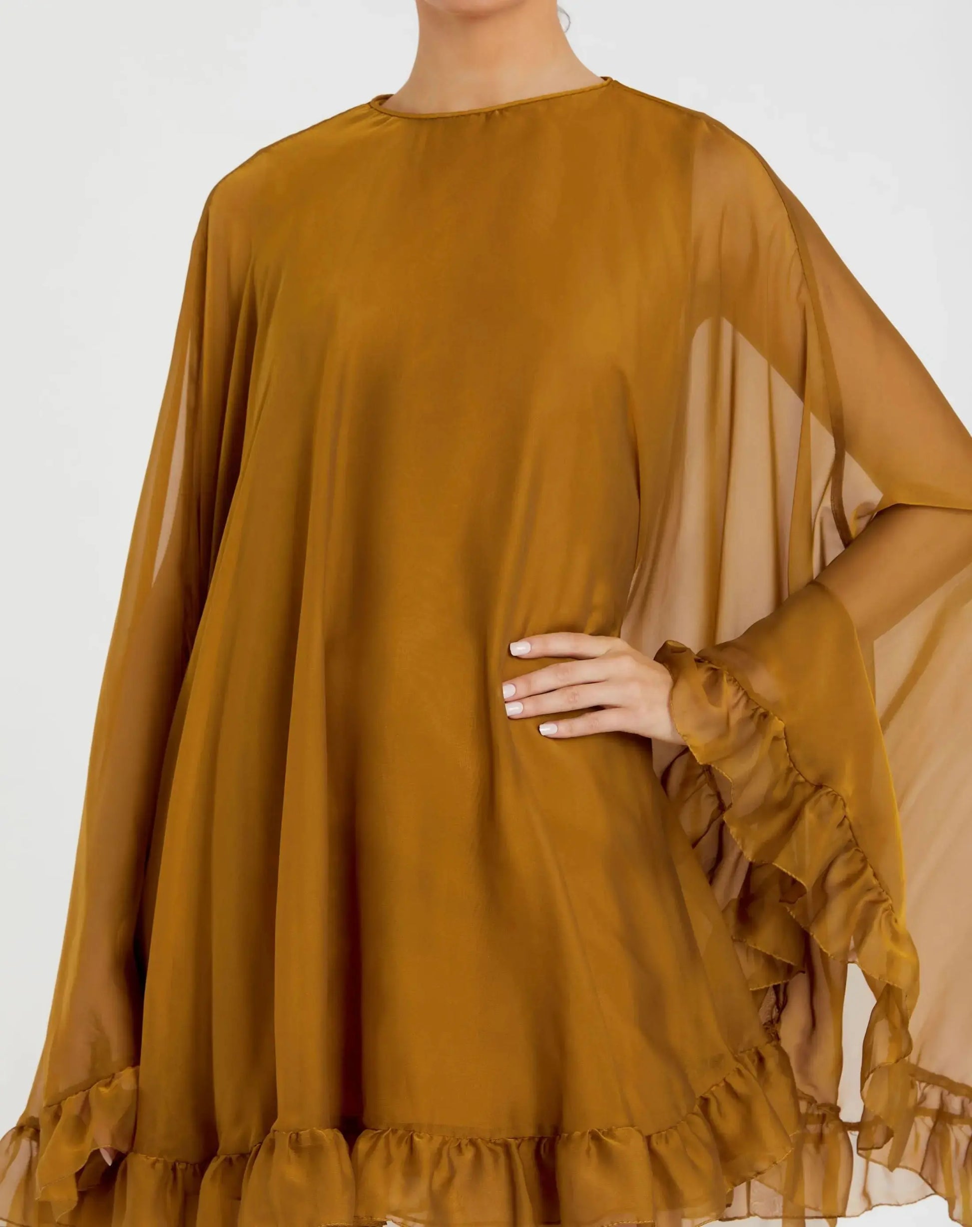 Dark Yellow High Neck Ruffle Hem Cape Mini Dress | Mac Duggal US 0 Dark Yellow High Neck Ruffle Hem Cape Mini Dress | Mac Duggal US 0