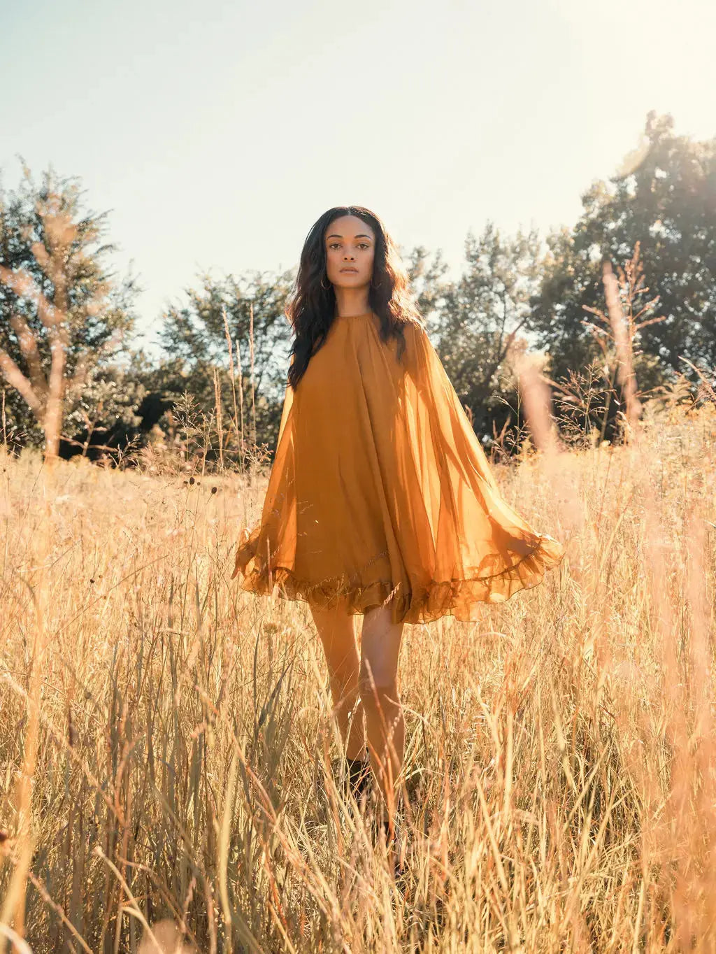 Dark Yellow High Neck Ruffle Hem Cape Mini Dress - Ieena for Mac Duggal