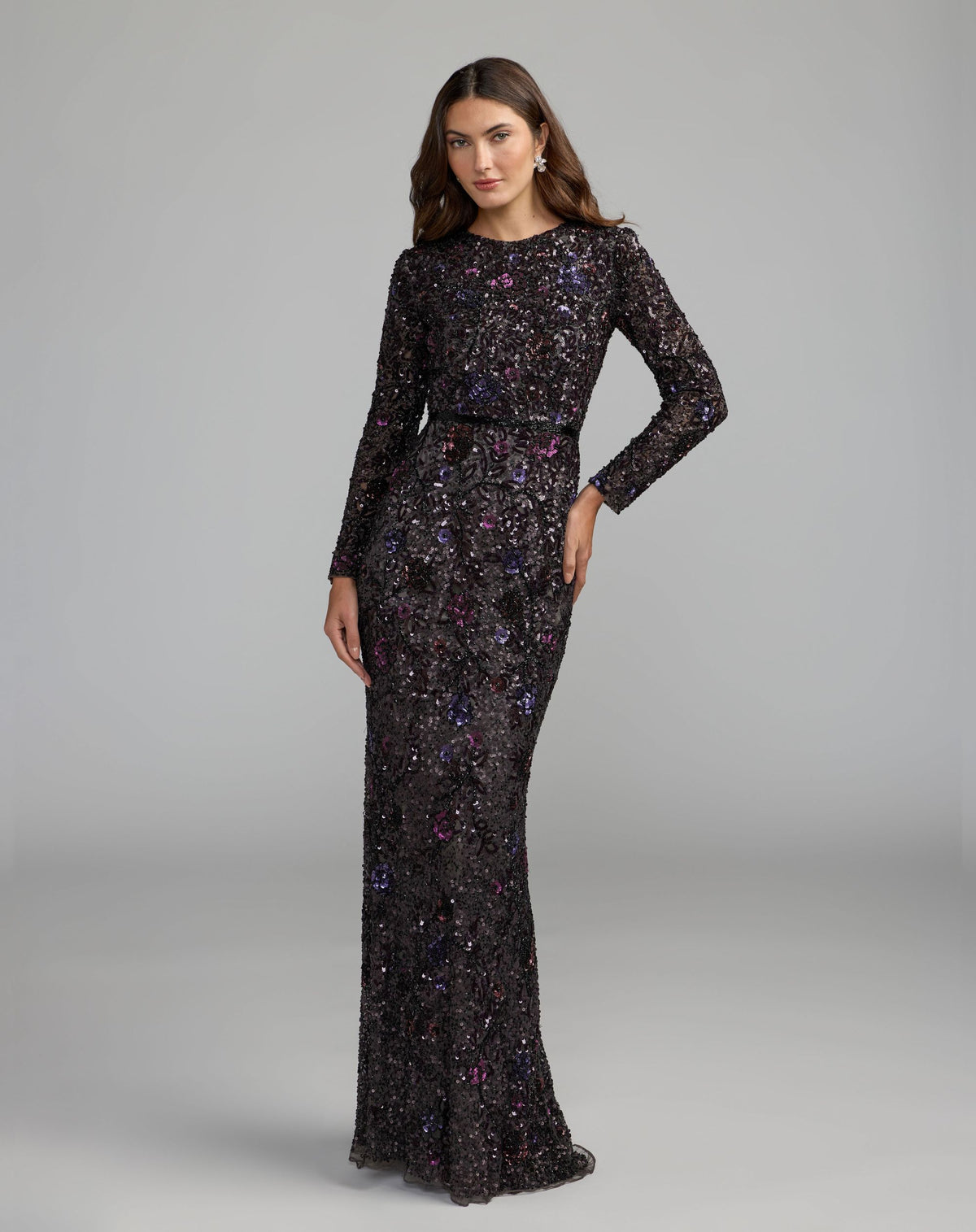 Purple Floral Embellished Long Sleeve Gown - Mac Duggal