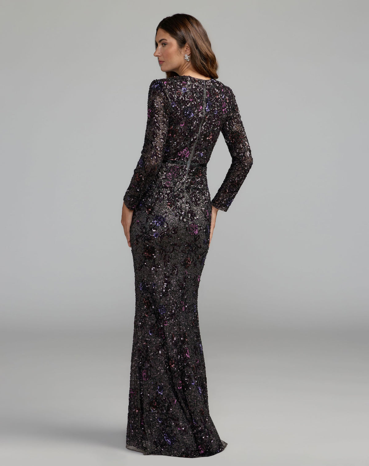 Purple Floral Embellished Long Sleeve Gown - Mac Duggal