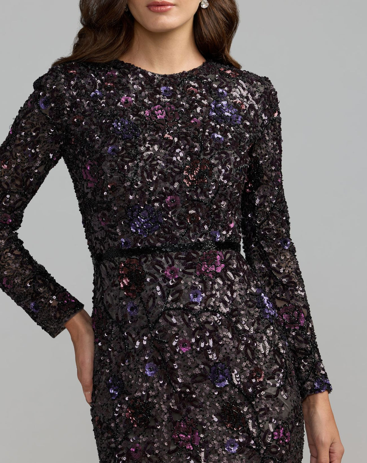 Purple Floral Embellished Long Sleeve Gown - Mac Duggal