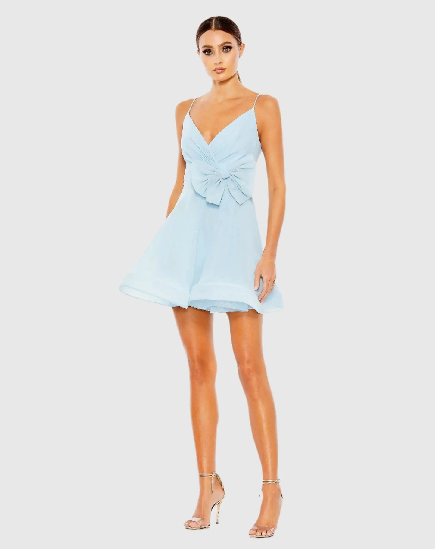 Blue Faux Wrap Bow Detail Flowy Mini Dress - Mac Duggal Blue Faux Wrap Bow Detail Flowy Mini Dress - Mac Duggal