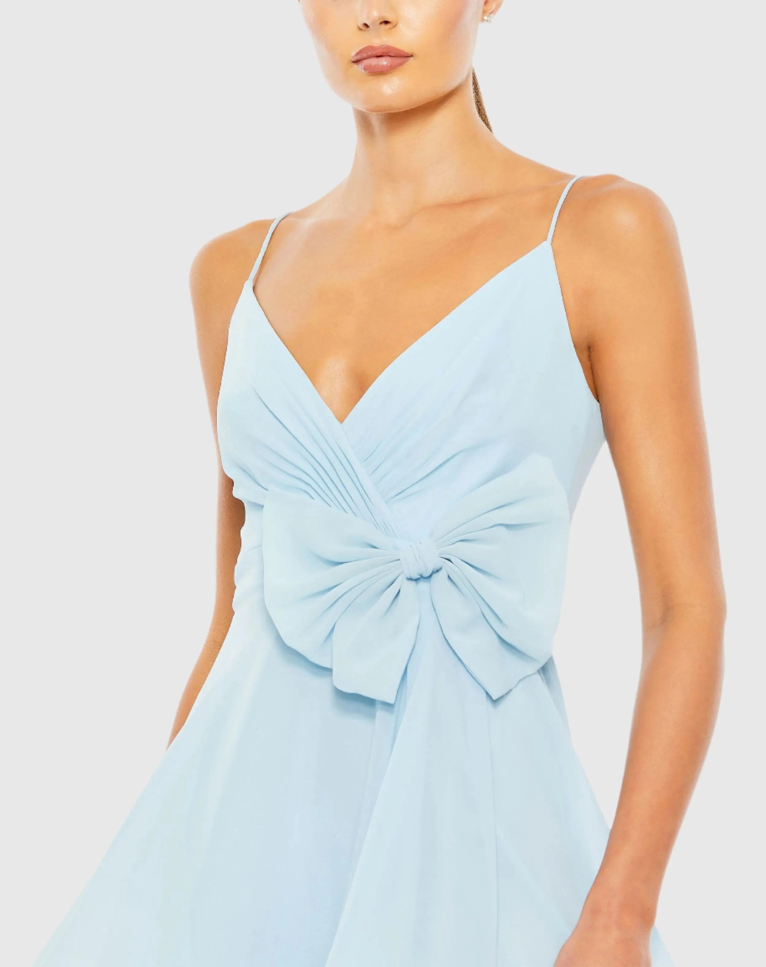 Blue Faux Wrap Bow Detail Flowy Mini Dress - Ieena for Mac Duggal