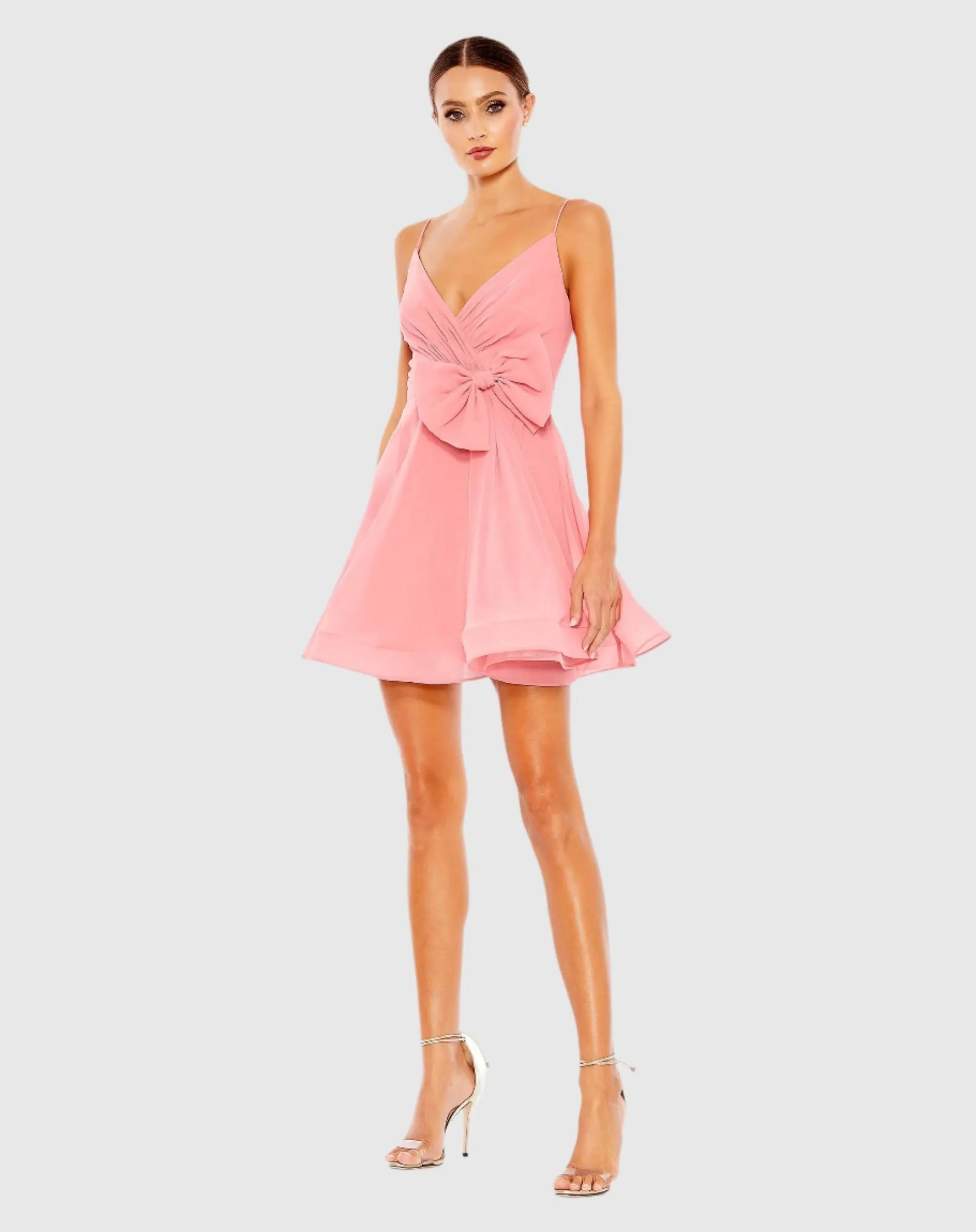 Pink Faux Wrap Bow Detail Flowy Mini Dress - Mac Duggal Pink Faux Wrap Bow Detail Flowy Mini Dress - Mac Duggal