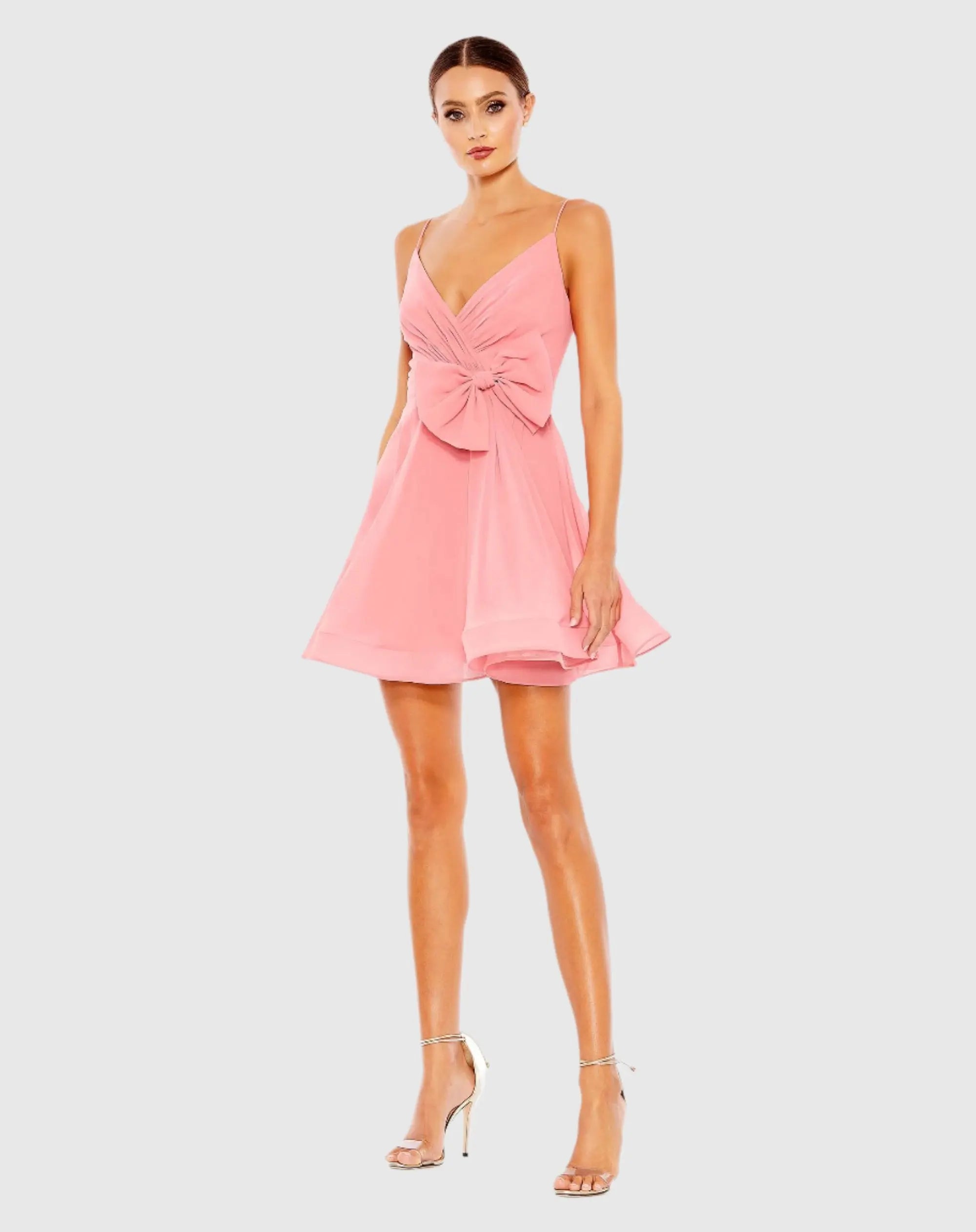 Pink Faux Wrap Bow Detail Flowy Mini Dress - Ieena for Mac Duggal