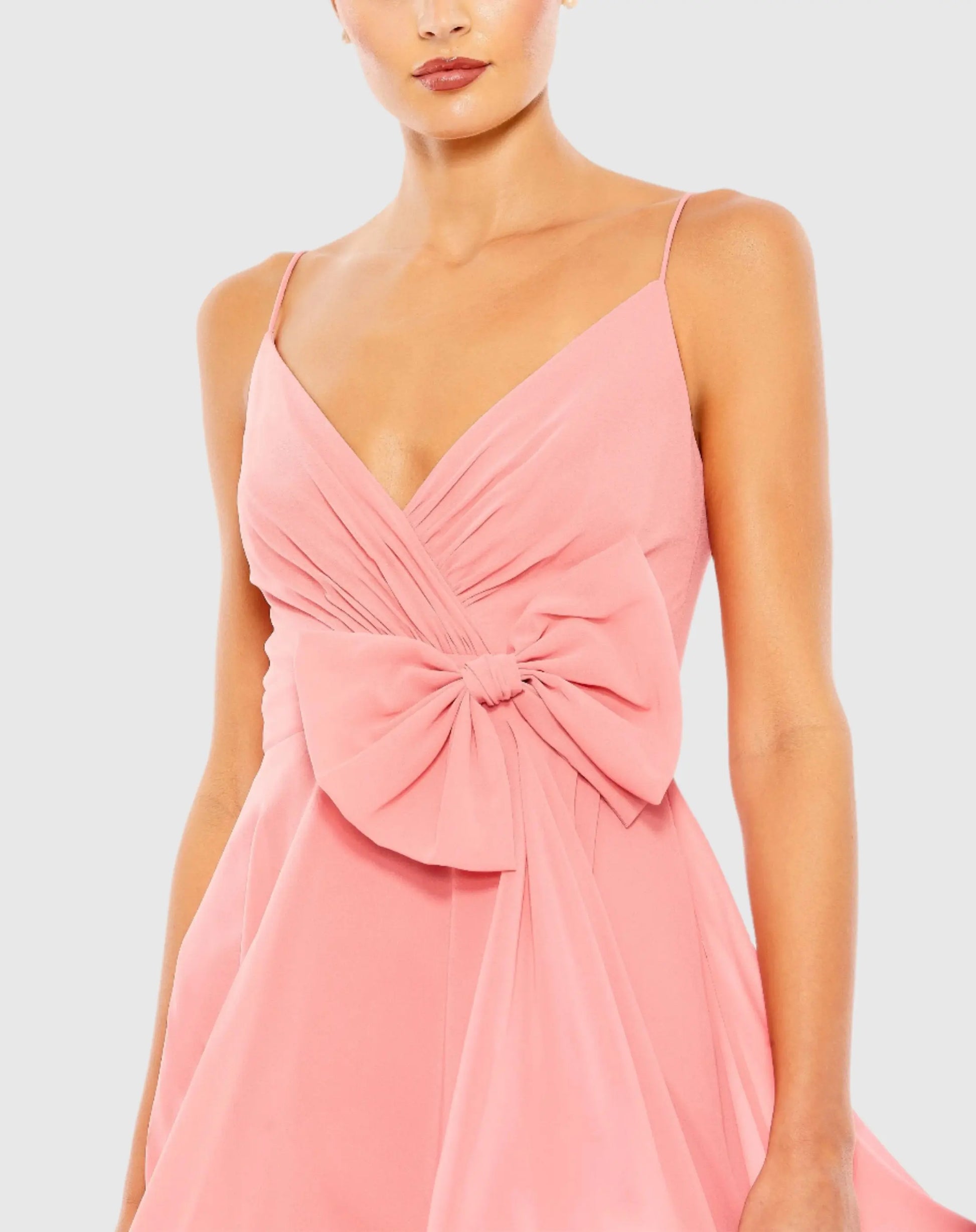 Pink Faux Wrap Bow Detail Flowy Mini Dress - Mac Duggal Pink Faux Wrap Bow Detail Flowy Mini Dress - Mac Duggal