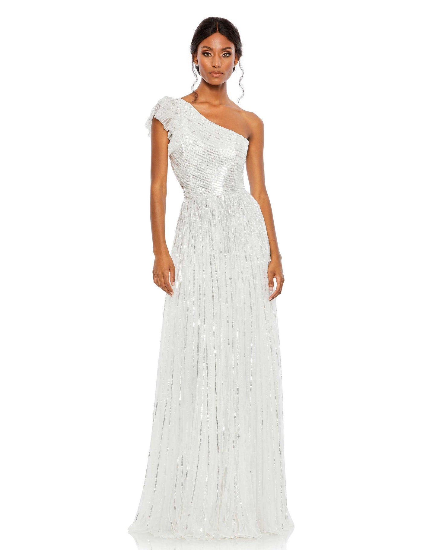 Sequined One Shoulder Flutter Sleeve A Line Gown