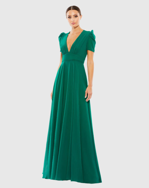 Plunge Neck Cap Sleeve Gown