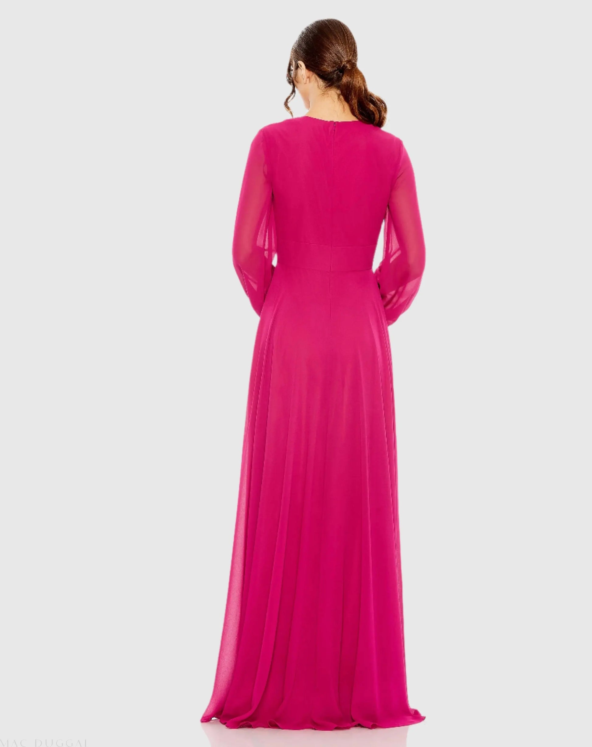 Purple V-Neck Illusion Long Sleeve Chiffon Gown - Mac Duggal