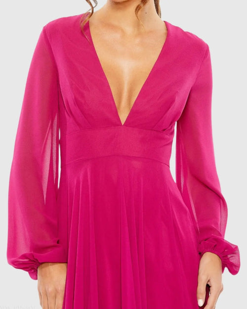 Purple V-Neck Illusion Long Sleeve Chiffon Gown - Mac Duggal