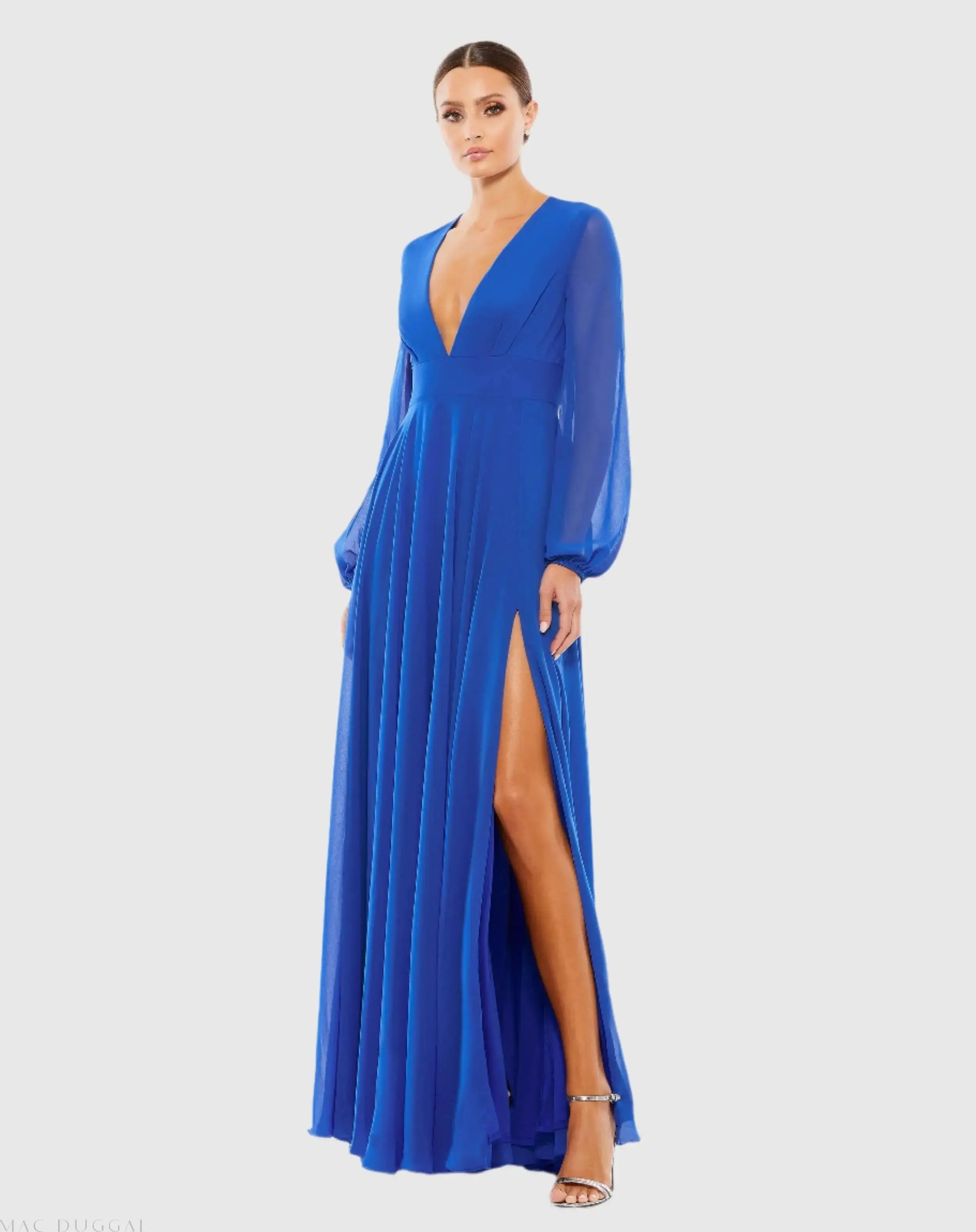 Blue V-Neck Illusion Long Sleeve Chiffon Gown - Mac Duggal