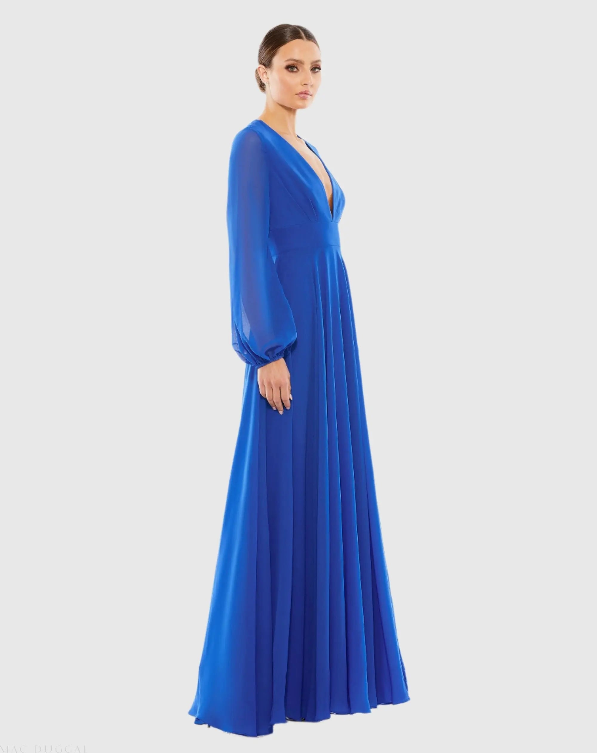 Blue V-Neck Illusion Long Sleeve Chiffon Gown - Mac Duggal