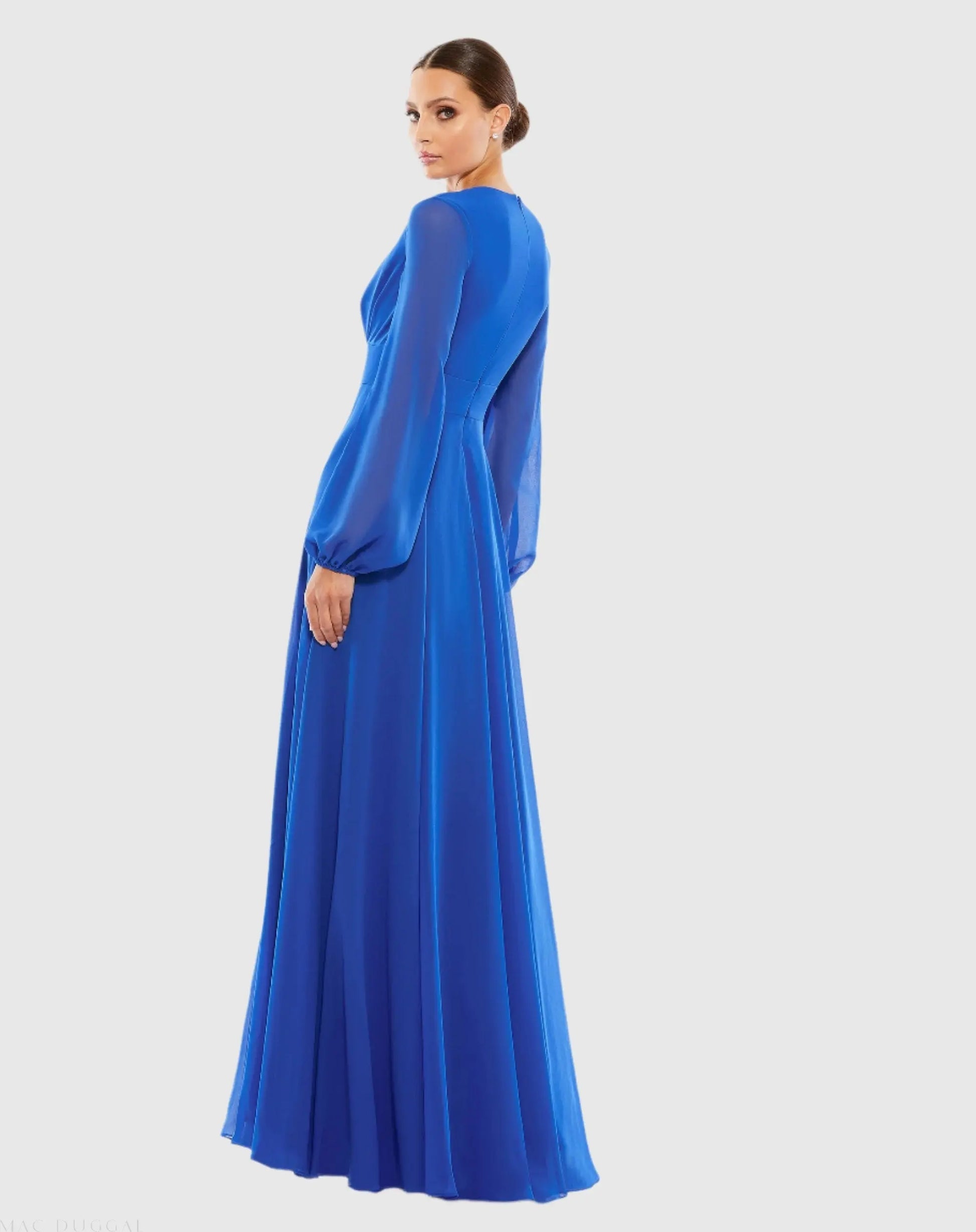 Blue V-Neck Illusion Long Sleeve Chiffon Gown - Mac Duggal Blue V-Neck Illusion Long Sleeve Chiffon Gown - Mac Duggal