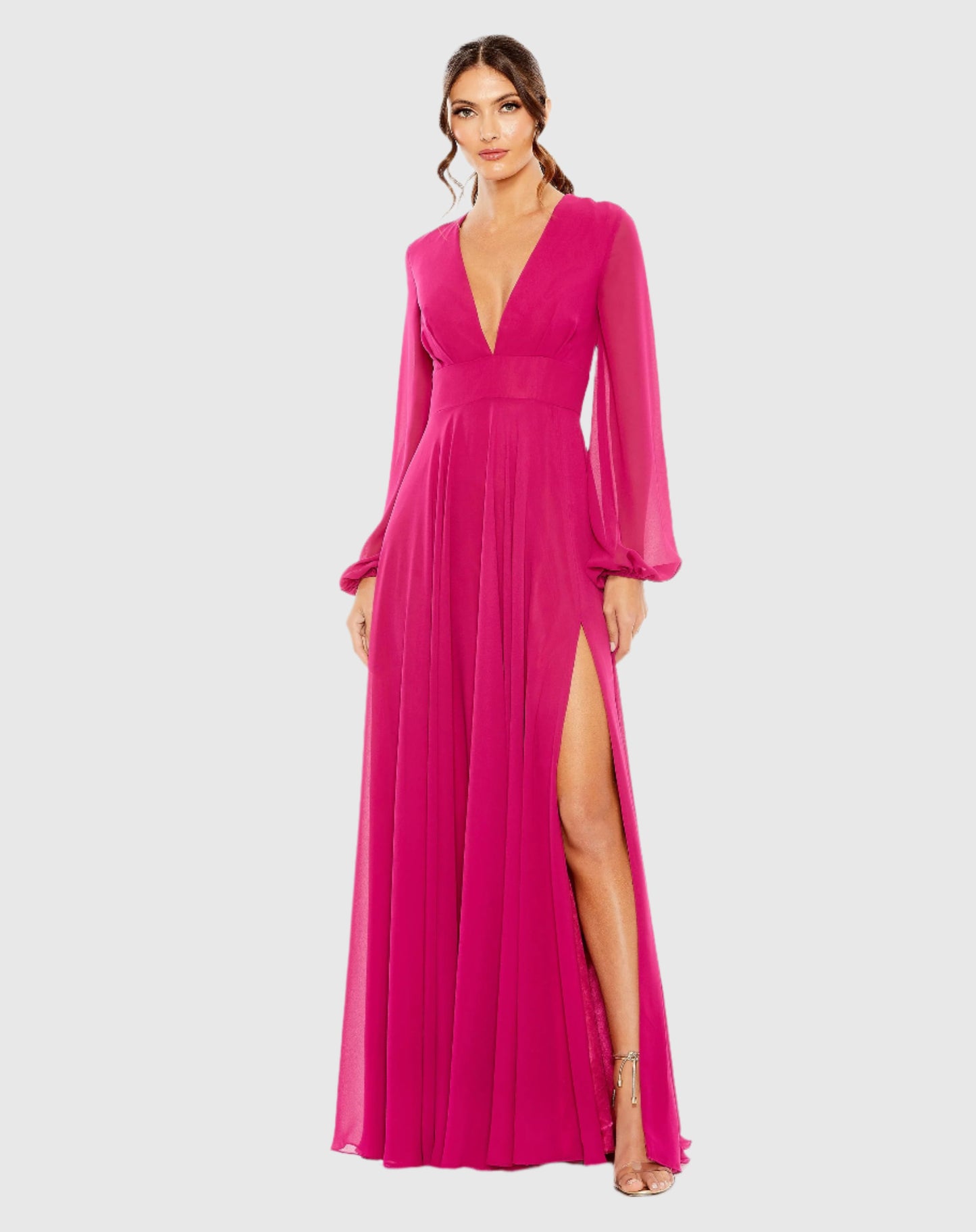 V-Neck Illusion Long Sleeve Chiffon Gown