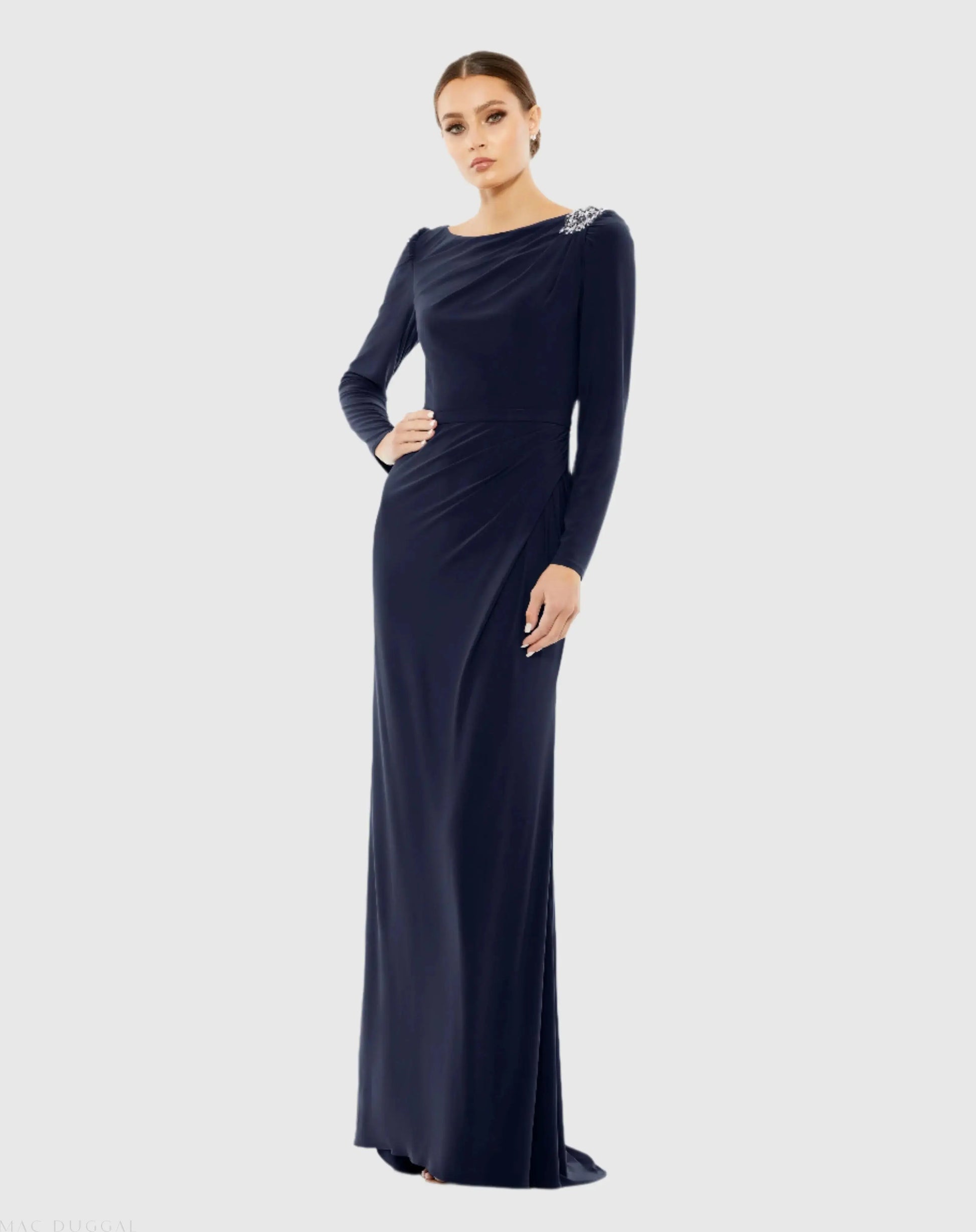 Blue Draped Bateau Long Sleeve Trumpet Gown - Mac Duggal