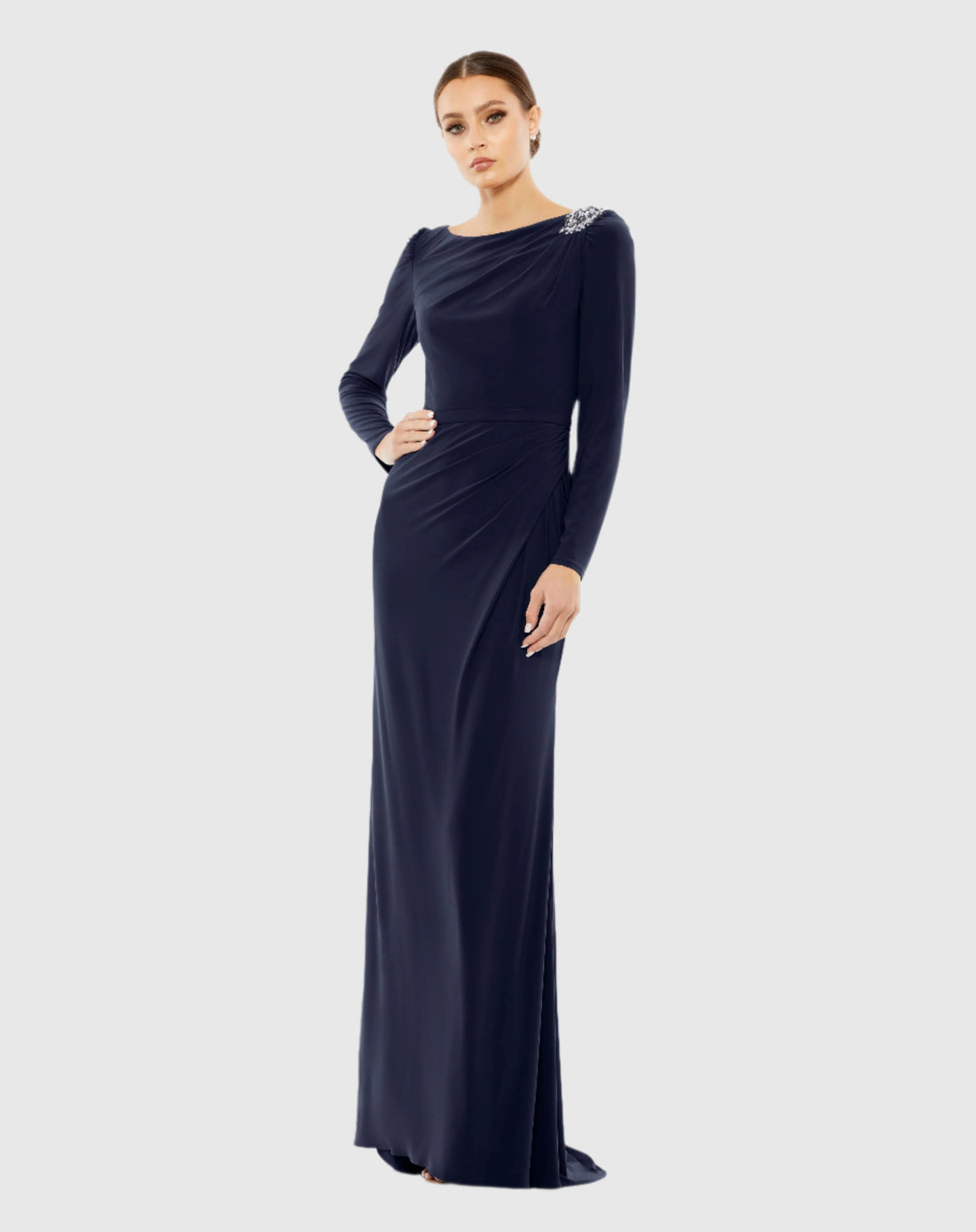 Draped Bateau Long Sleeve Trumpet Gown