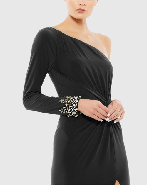 One Sleeve Beaded Cuff Side Twist Gown