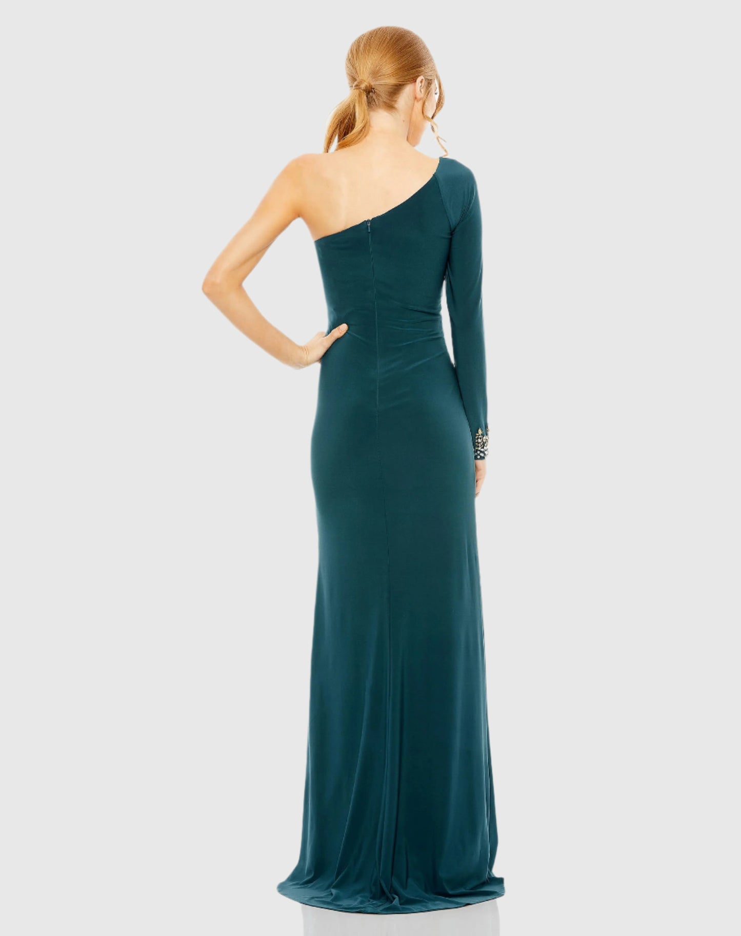 One Sleeve Beaded Cuff Side Twist Gown