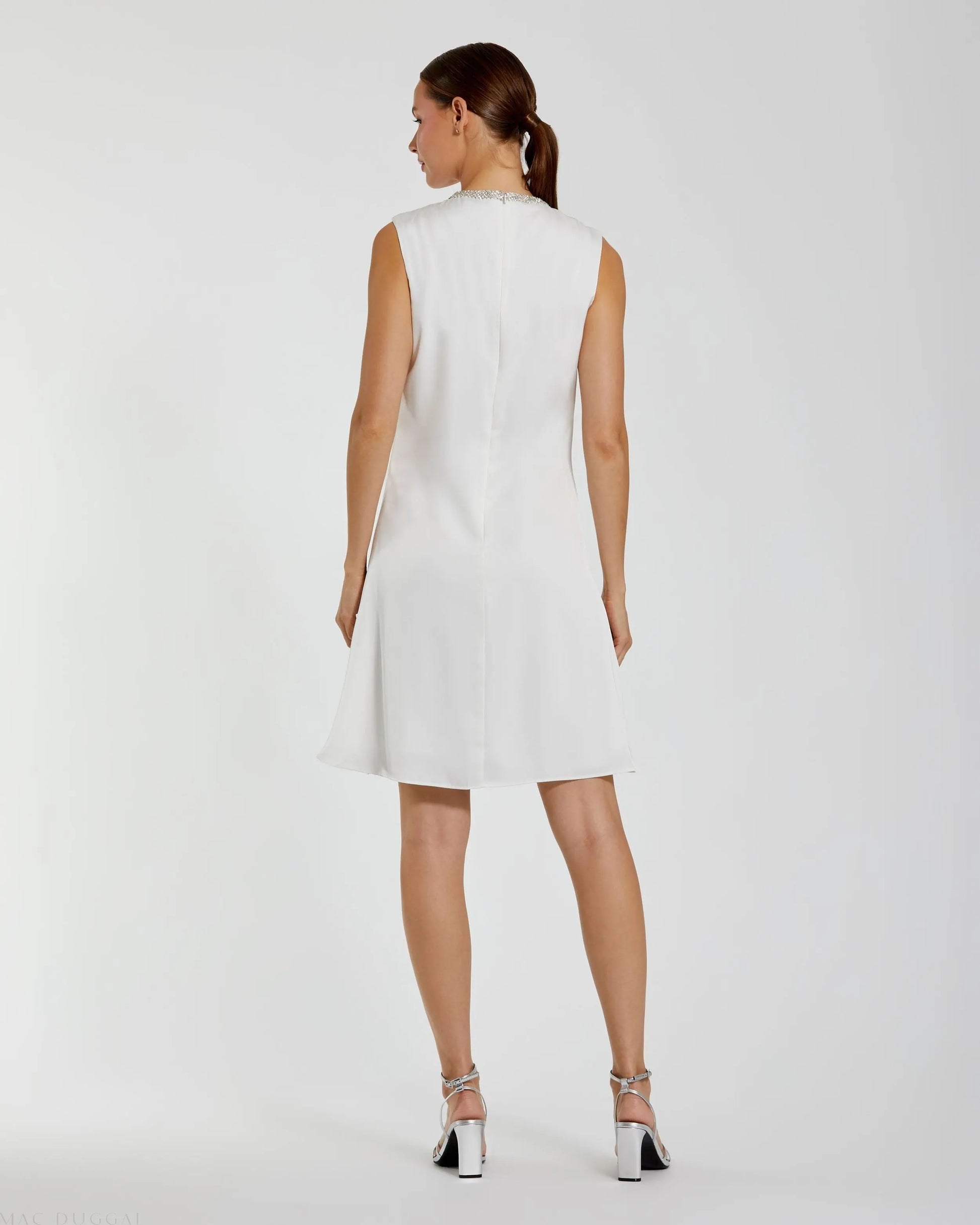 white rhinestone mini dress White Rhinestone Neckline Draped Mini Dress