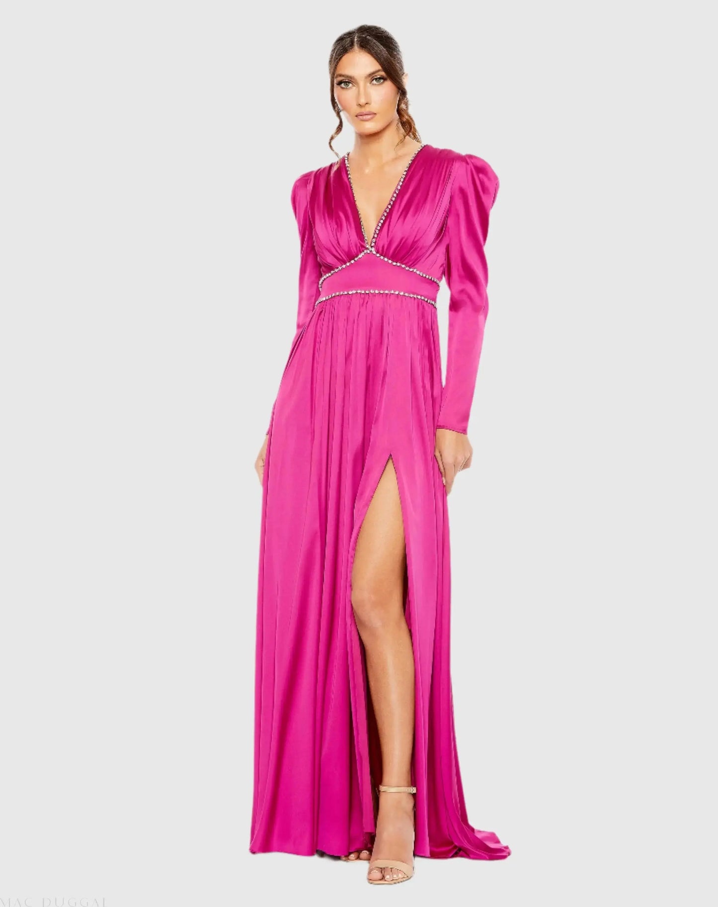 Pink Rhinestone Trim Puff Sleeve Gathered Gown - Mac Duggal