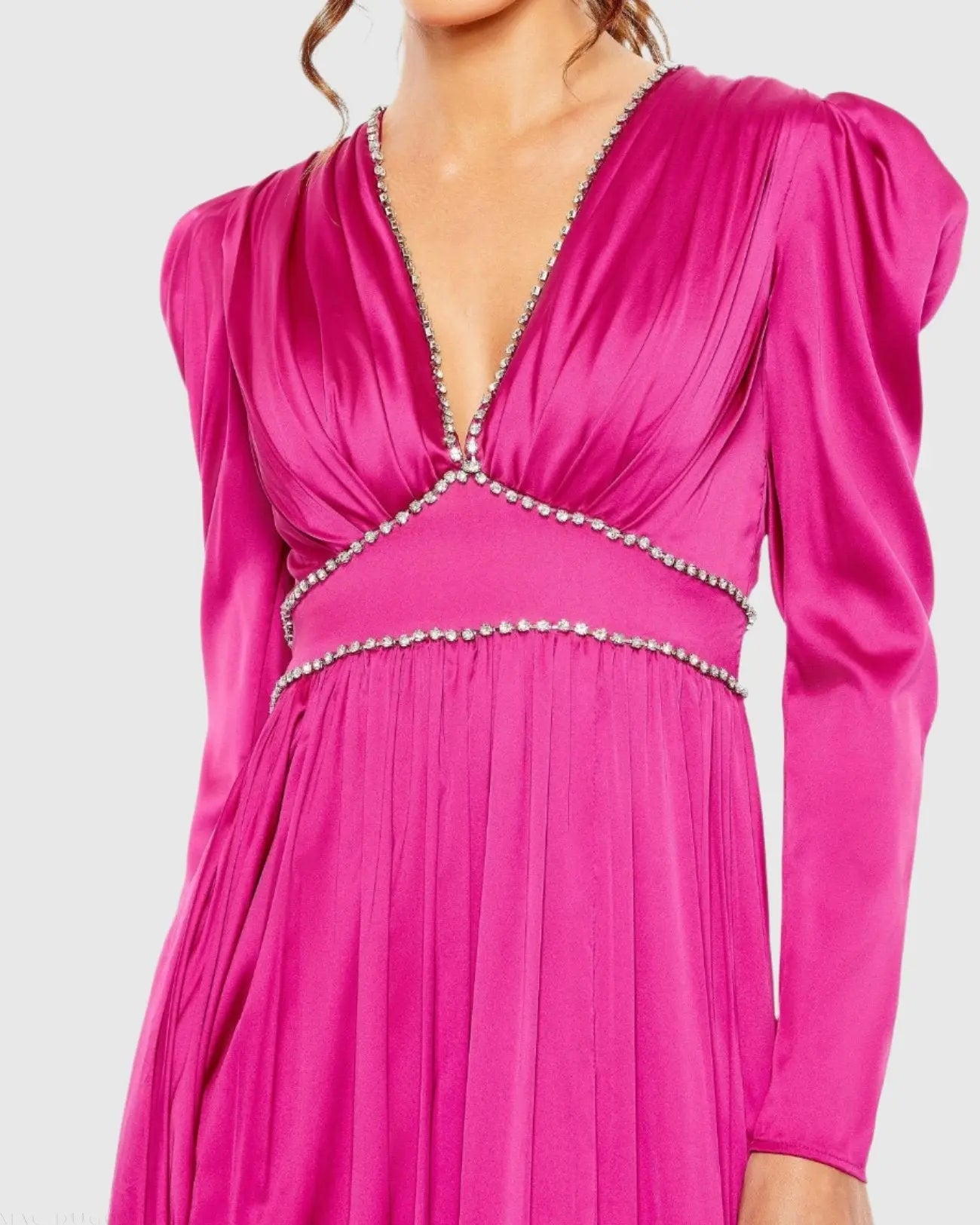 Pink Rhinestone Trim Puff Sleeve Gathered Gown - Mac Duggal