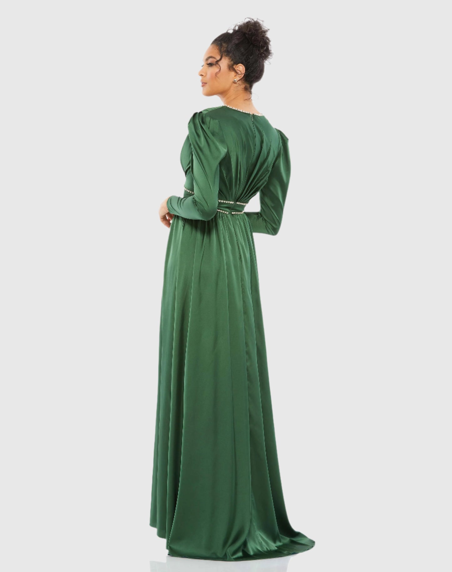 Rhinestone Trim Puff Sleeve Gathered Gown