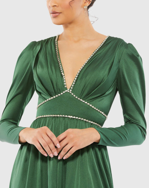 Green Rhinestone Trim Puff Sleeve Gathered Gown