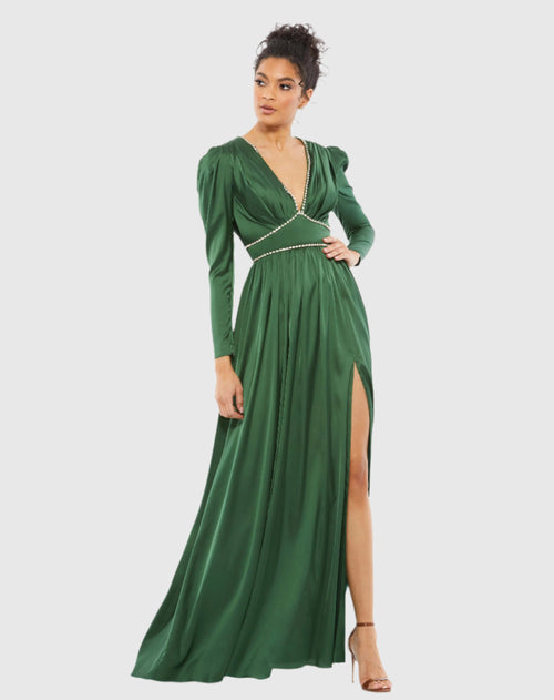 Green Rhinestone Trim Puff Sleeve Gathered Gown