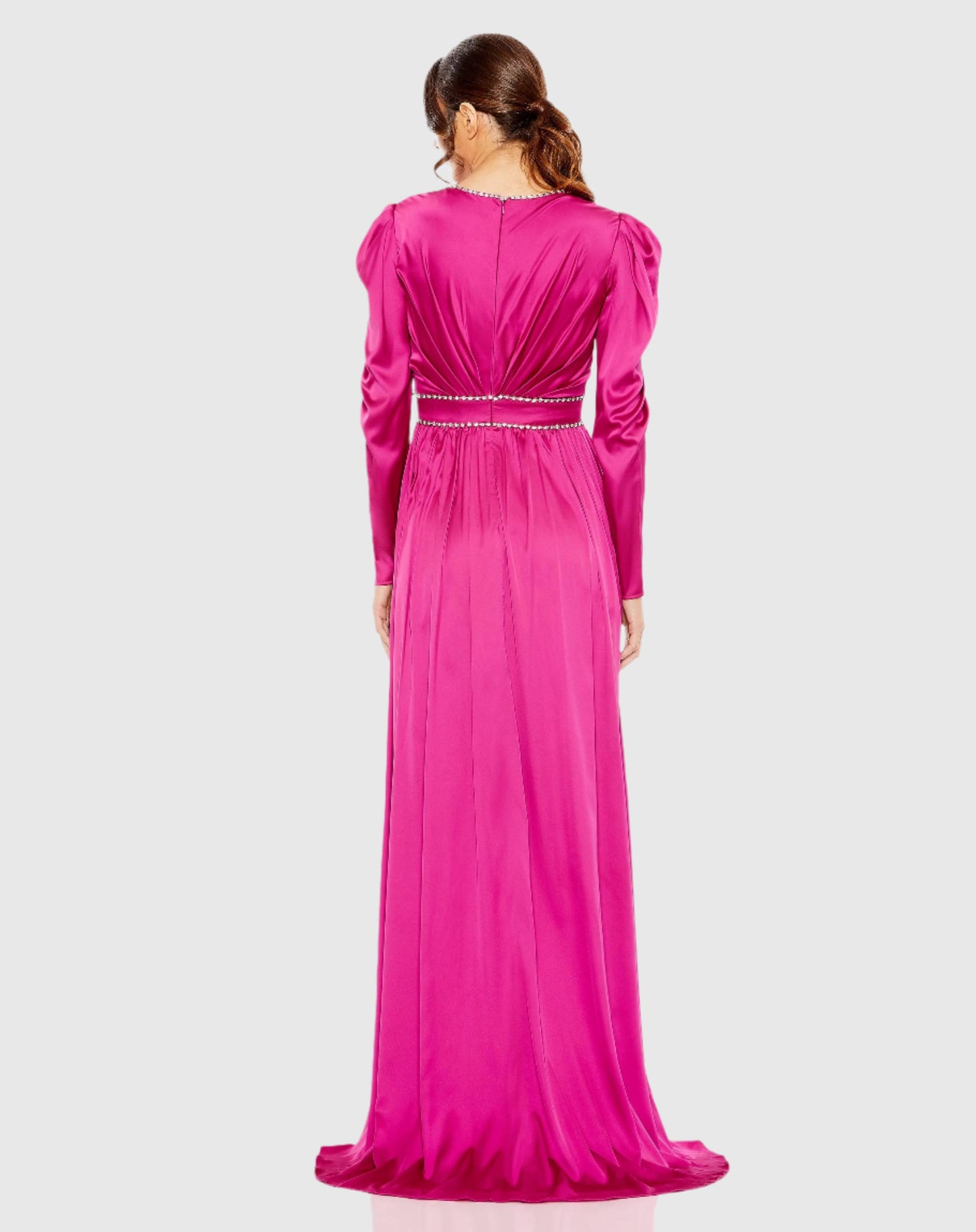 Rhinestone Trim Puff Sleeve Gathered Gown