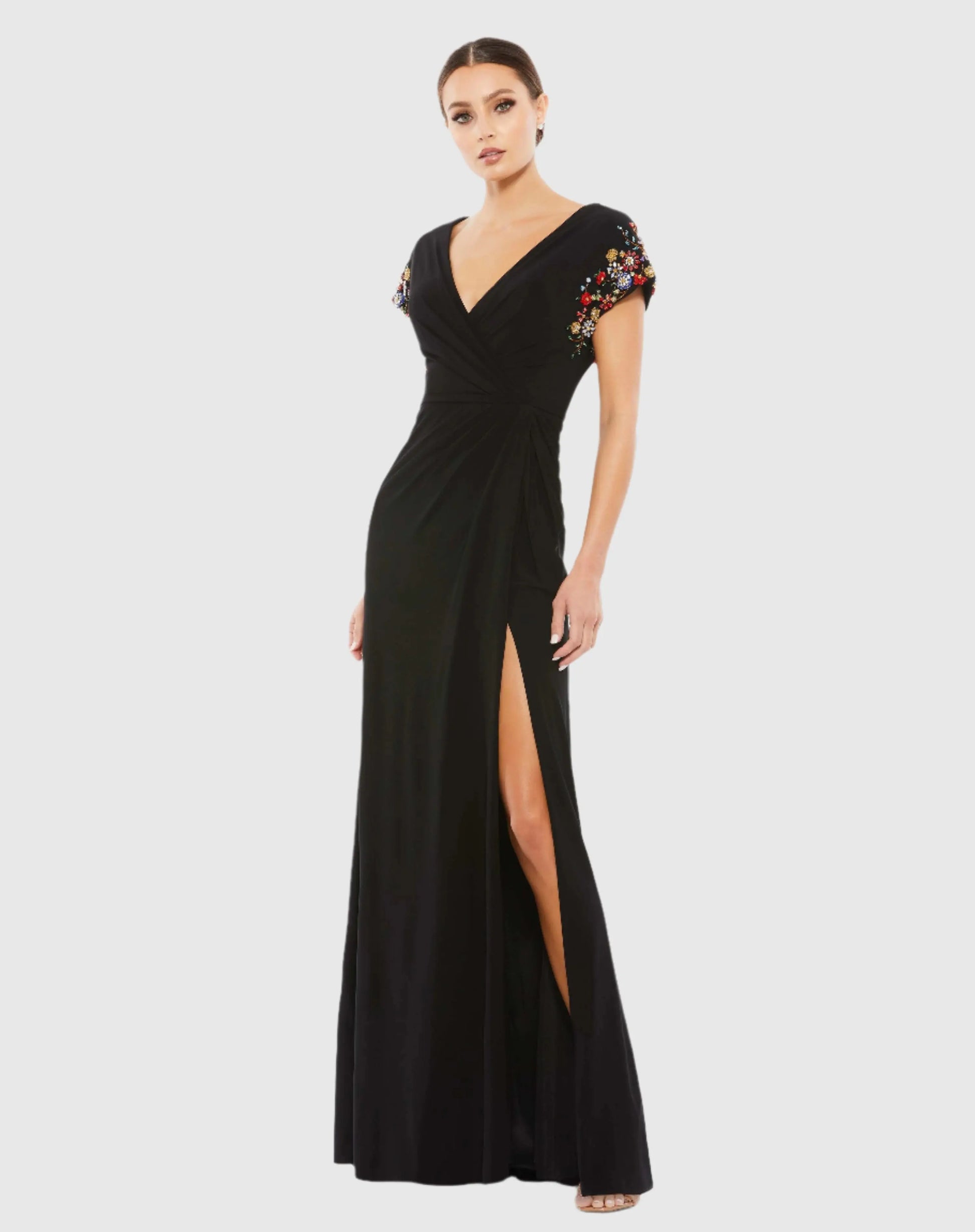 Embellished Sleeve Jersey Wrap Gown - Mac Duggal