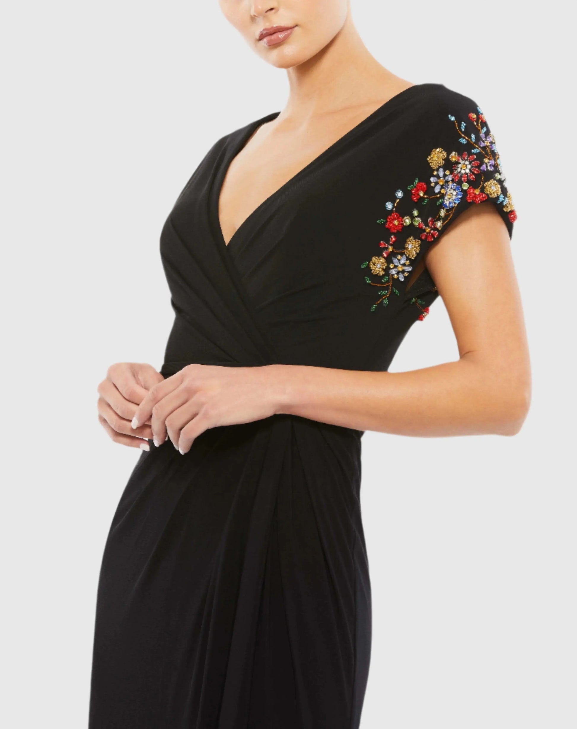 Embellished Sleeve Jersey Wrap Gown - Mac Duggal