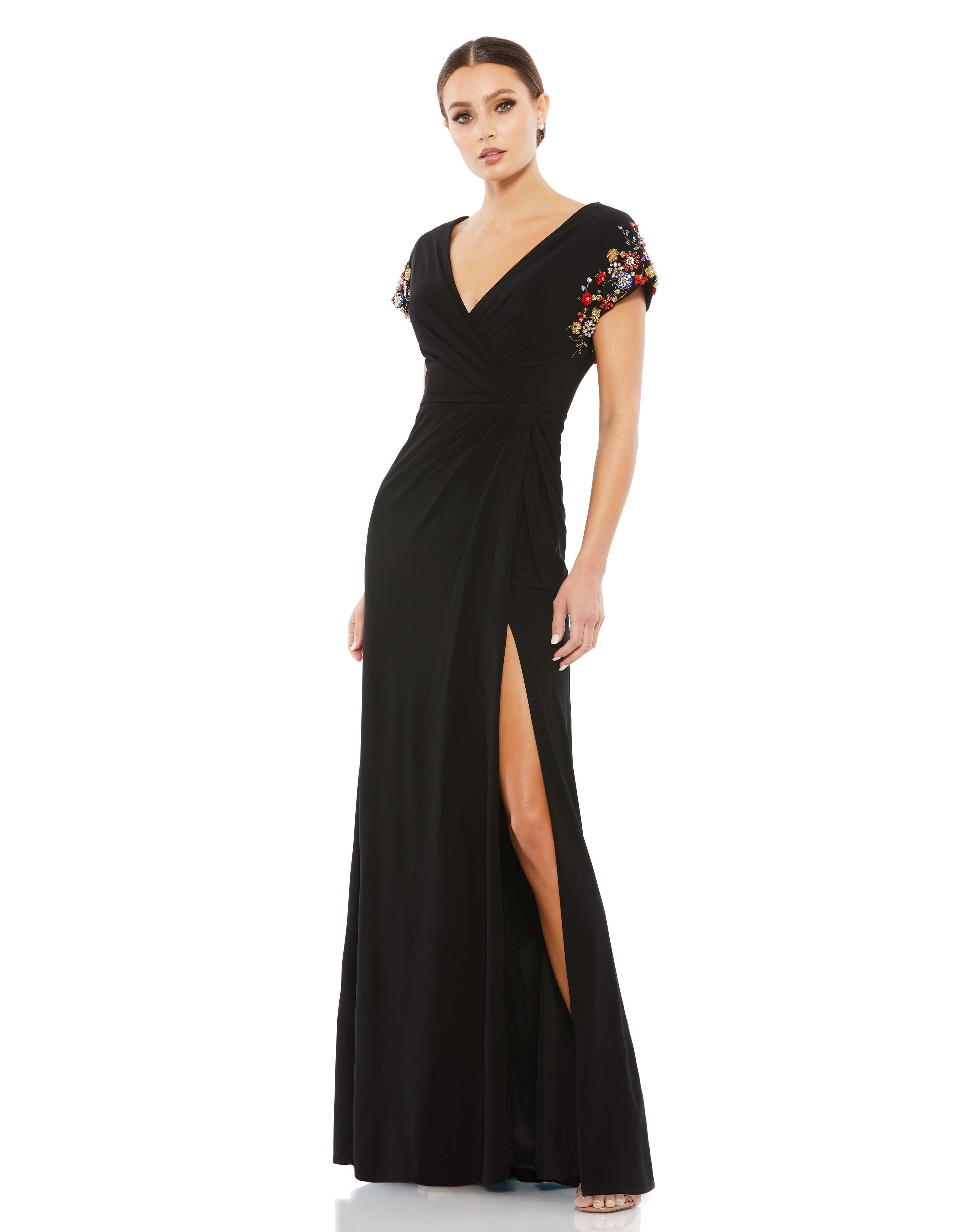 Embellished Sleeve Jersey Wrap Gown