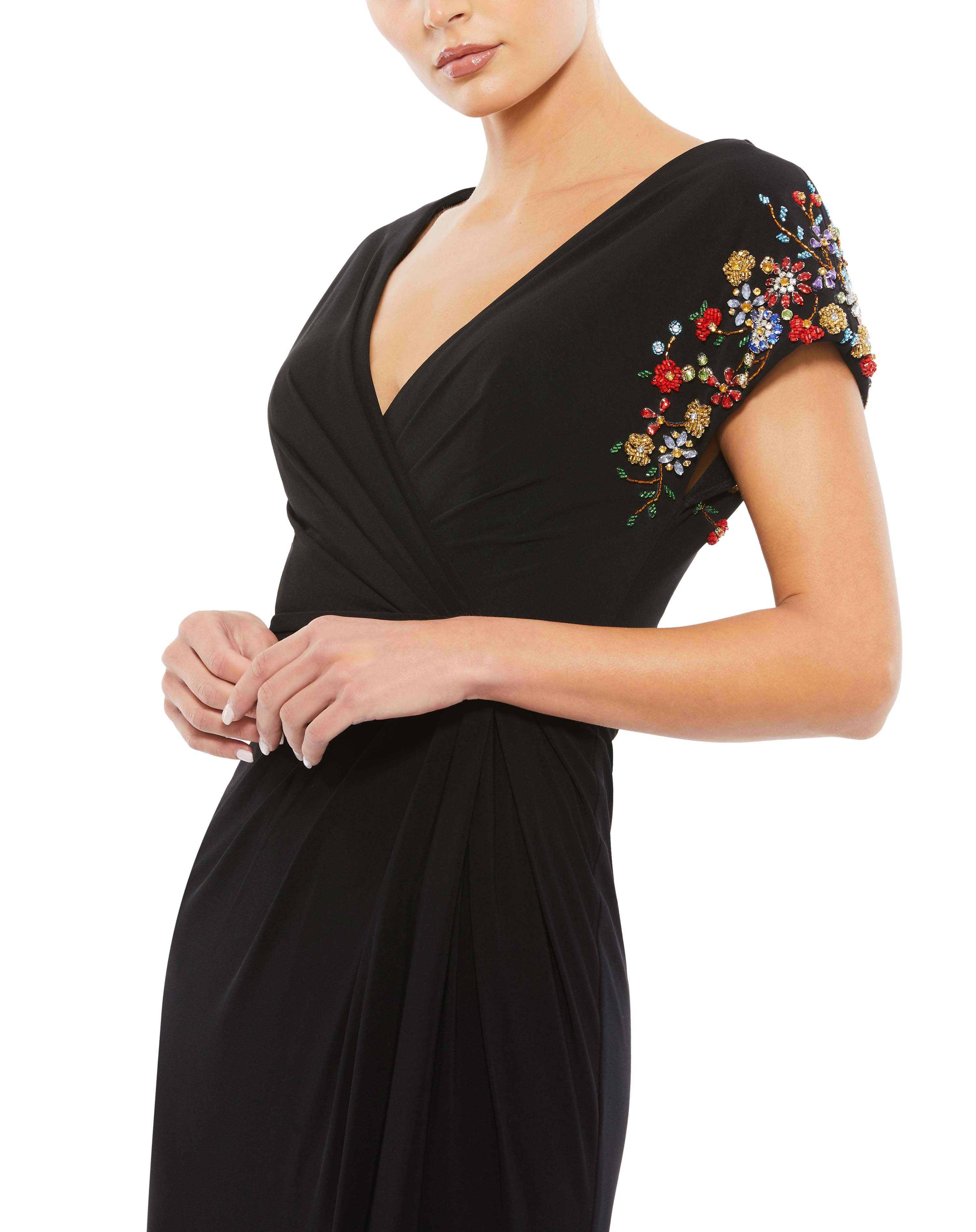 Embellished Sleeve Jersey Wrap Gown