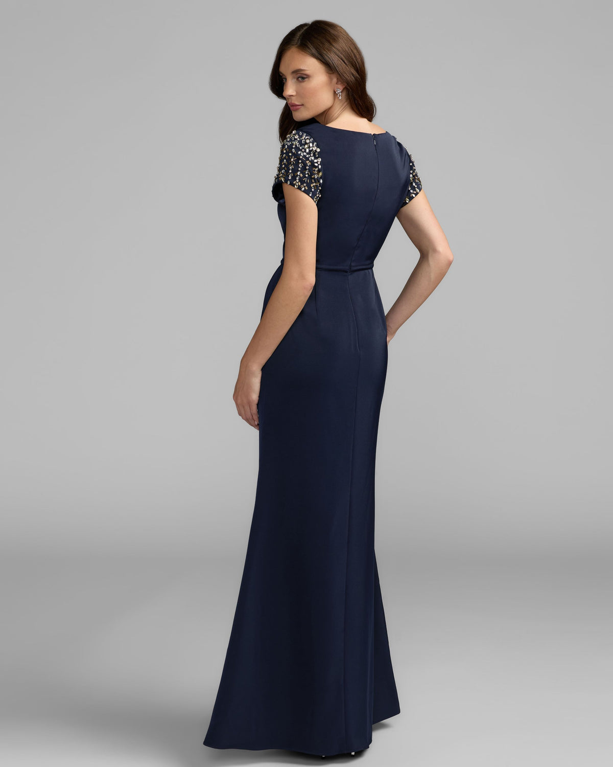 Midnight Beaded Cap Sleeve Satin Column Gown Mac Duggal