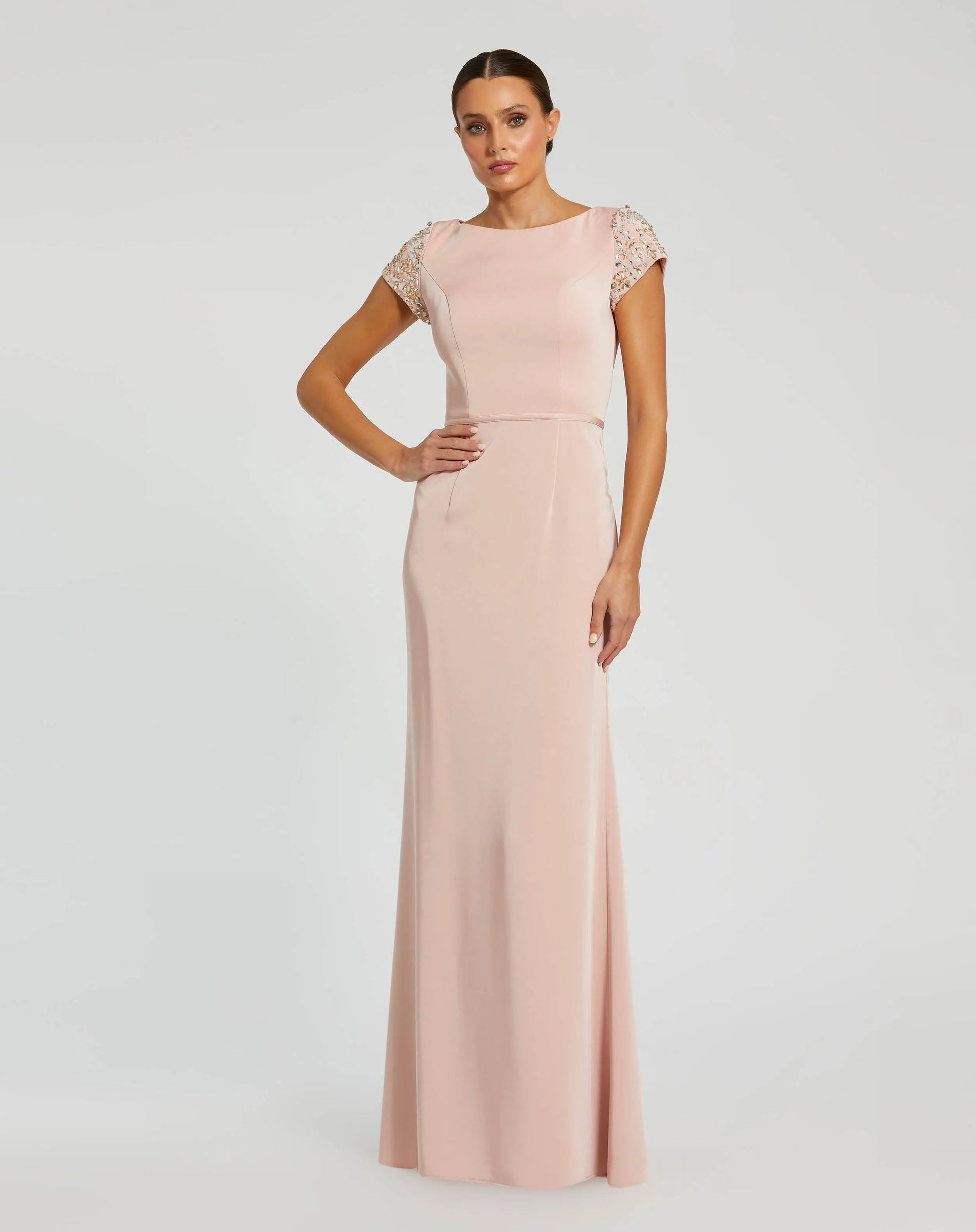 Light Pink Beaded Cap Sleeve Satin Column Gown | Mac Duggal Light Pink Beaded Cap Sleeve Satin Column Gown | Mac Duggal