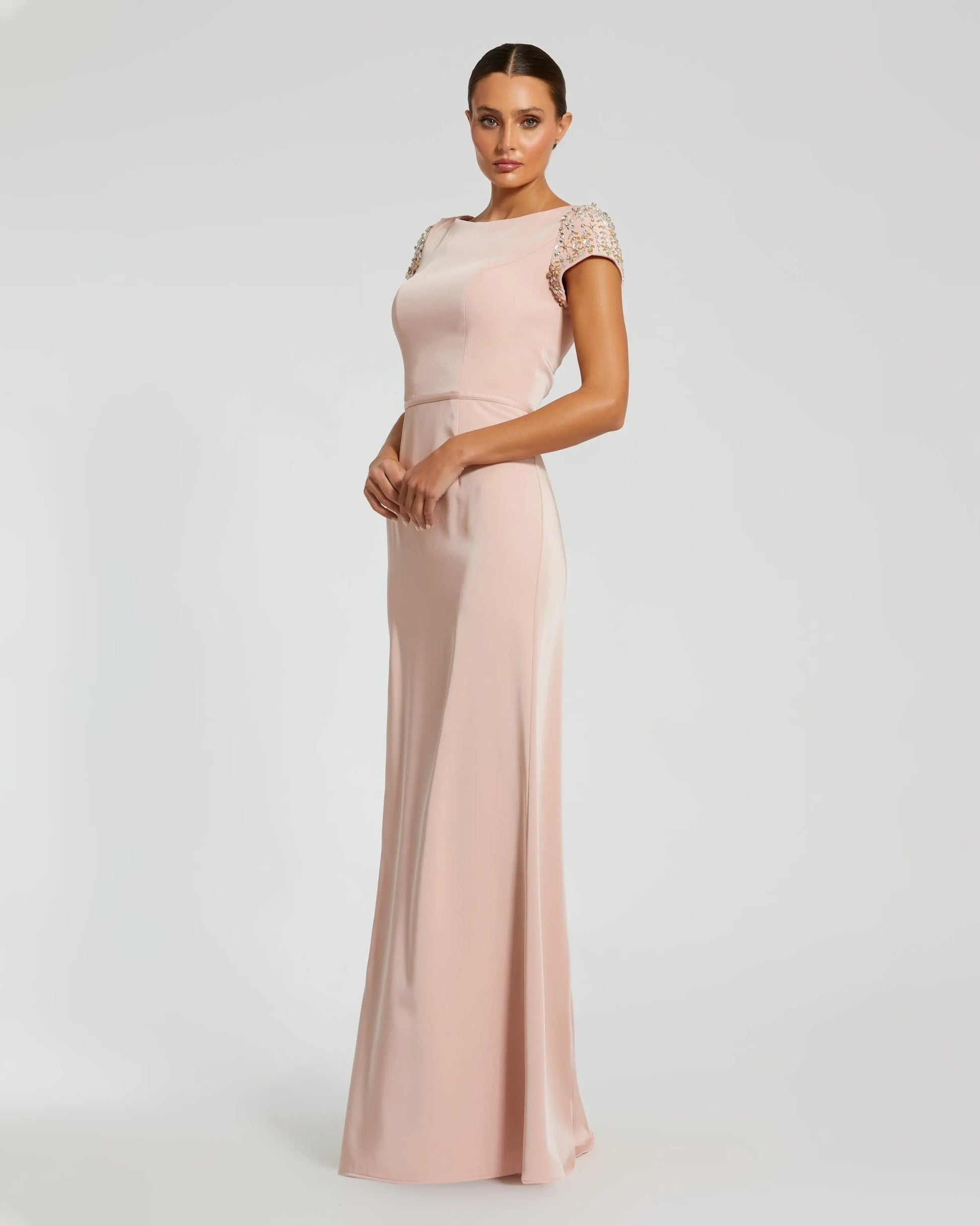 Light Pink Beaded Cap Sleeve Satin Column Gown | Mac Duggal Light Pink Beaded Cap Sleeve Satin Column Gown | Mac Duggal