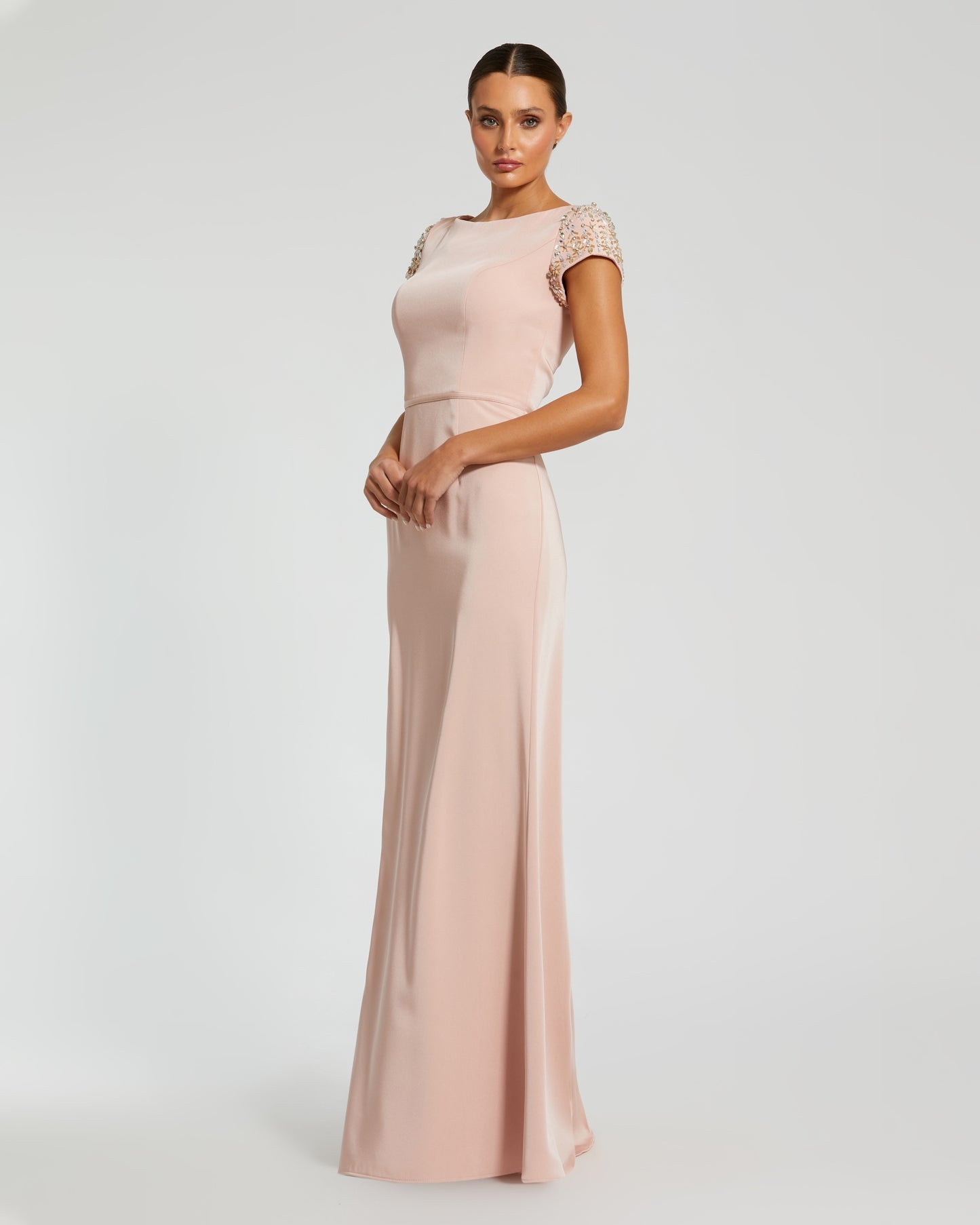 Light Pink Beaded Cap Sleeve Satin Column Gown Mac Duggal