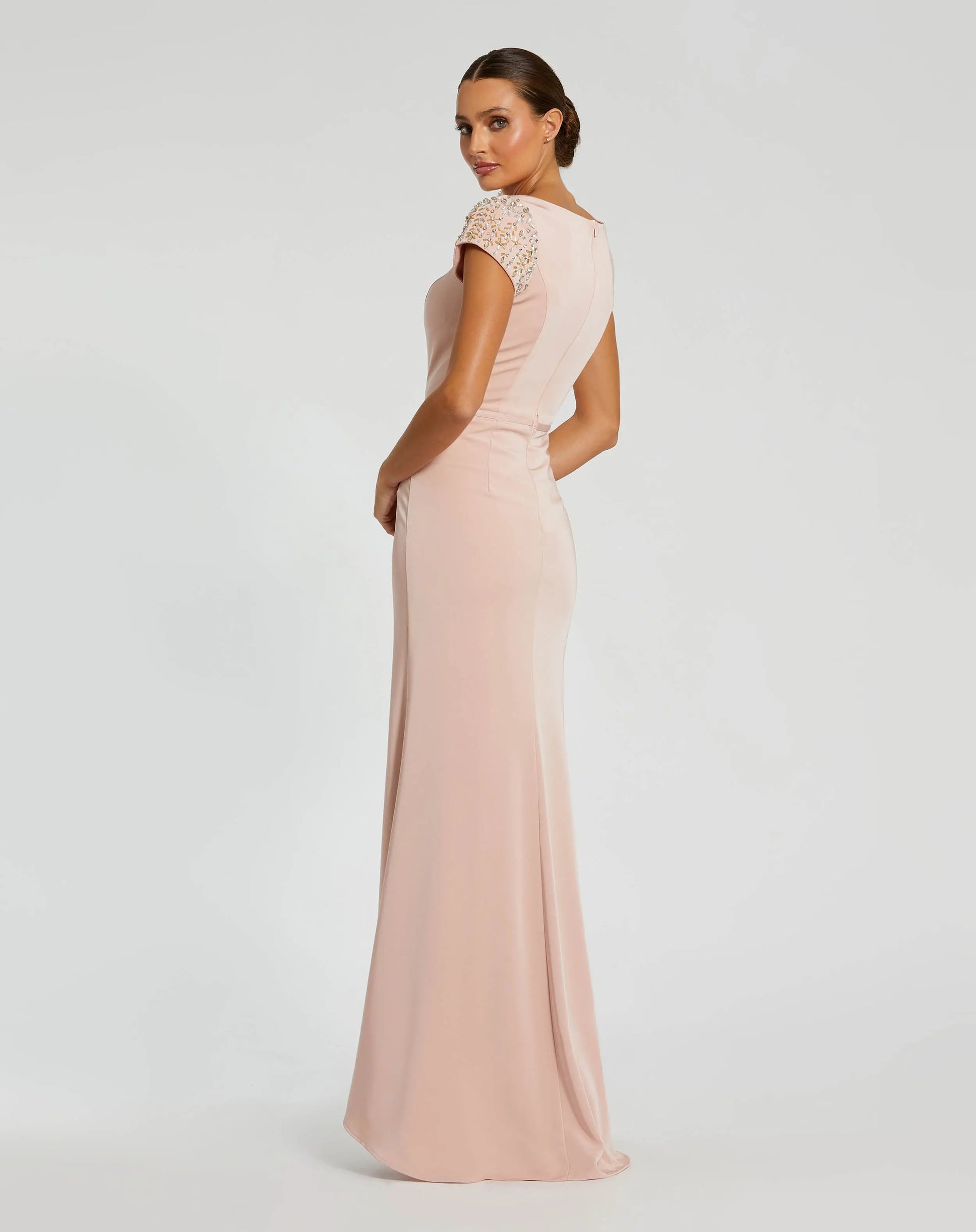 Light Pink Beaded Cap Sleeve Satin Column Gown | Mac Duggal Light Pink Beaded Cap Sleeve Satin Column Gown | Mac Duggal