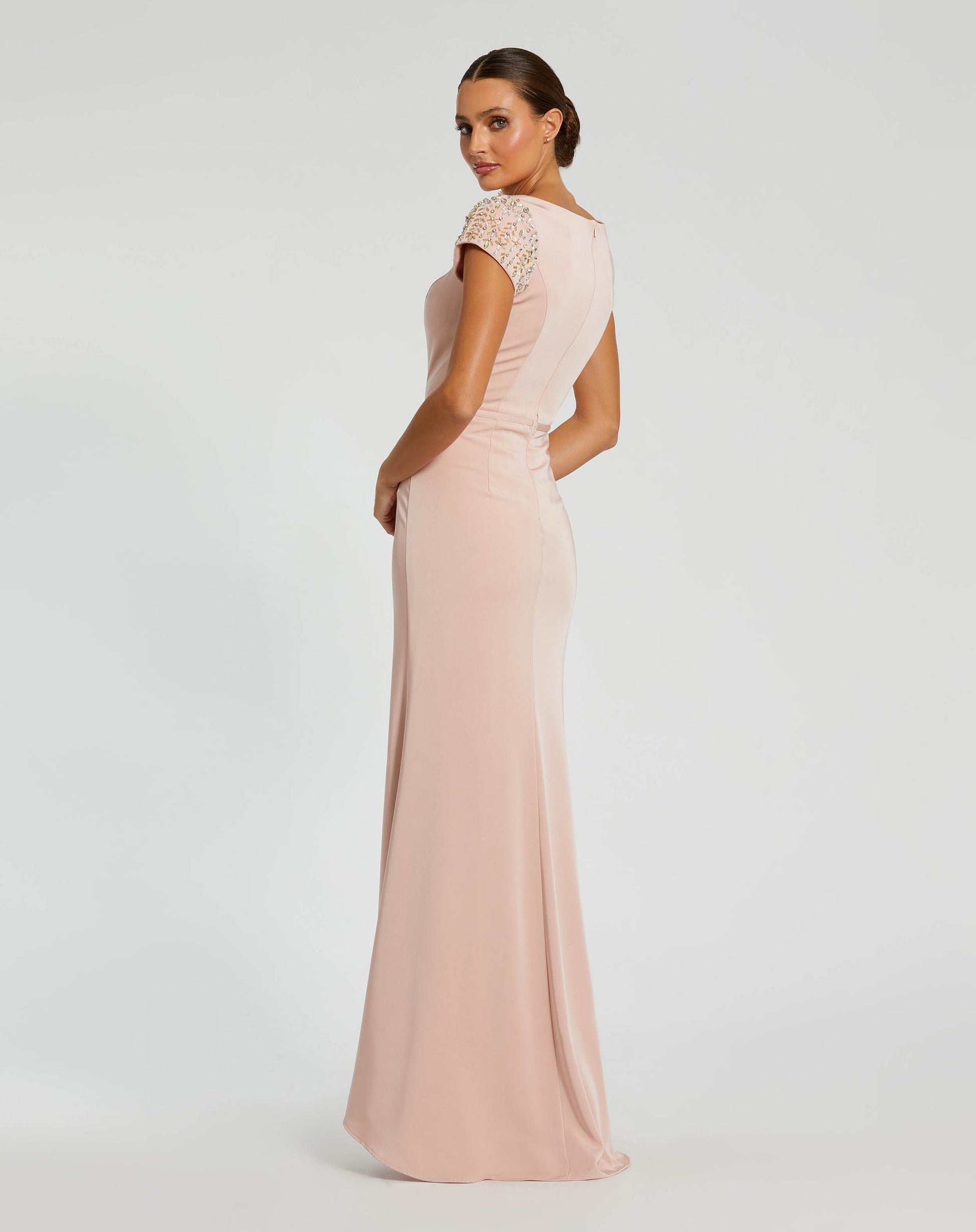 Light Pink Beaded Cap Sleeve Satin Column Gown Mac Duggal