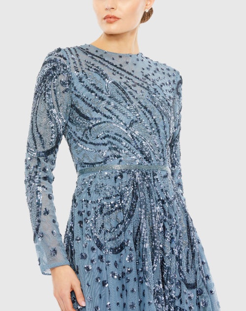 Blue Embellished Illusion High Neck Long Sleeve Dress - Mac Duggal