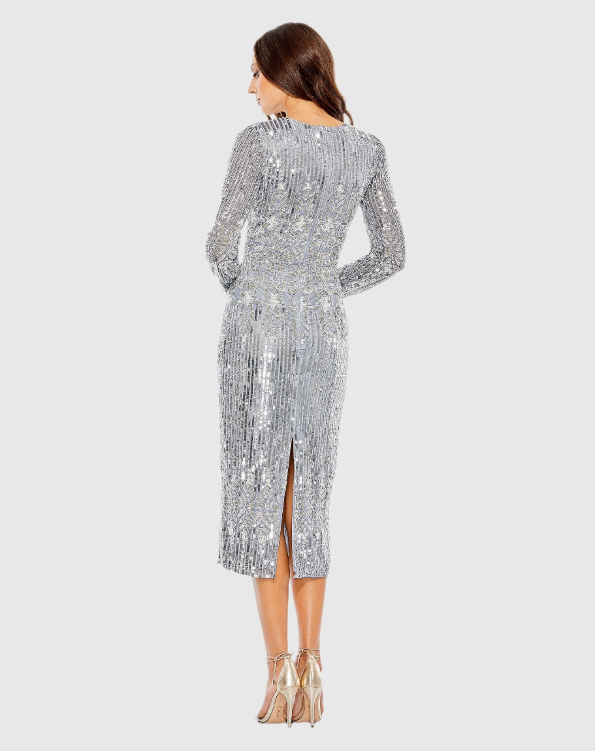 Blue Embellished Long Sleeve High Neck Sheath Dress - Mac Duggal 