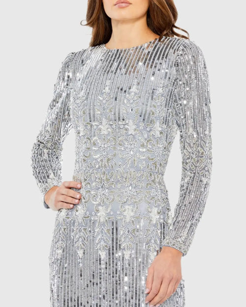 Embellished Long Sleeve High Neck Column Dress - Mac Duggal