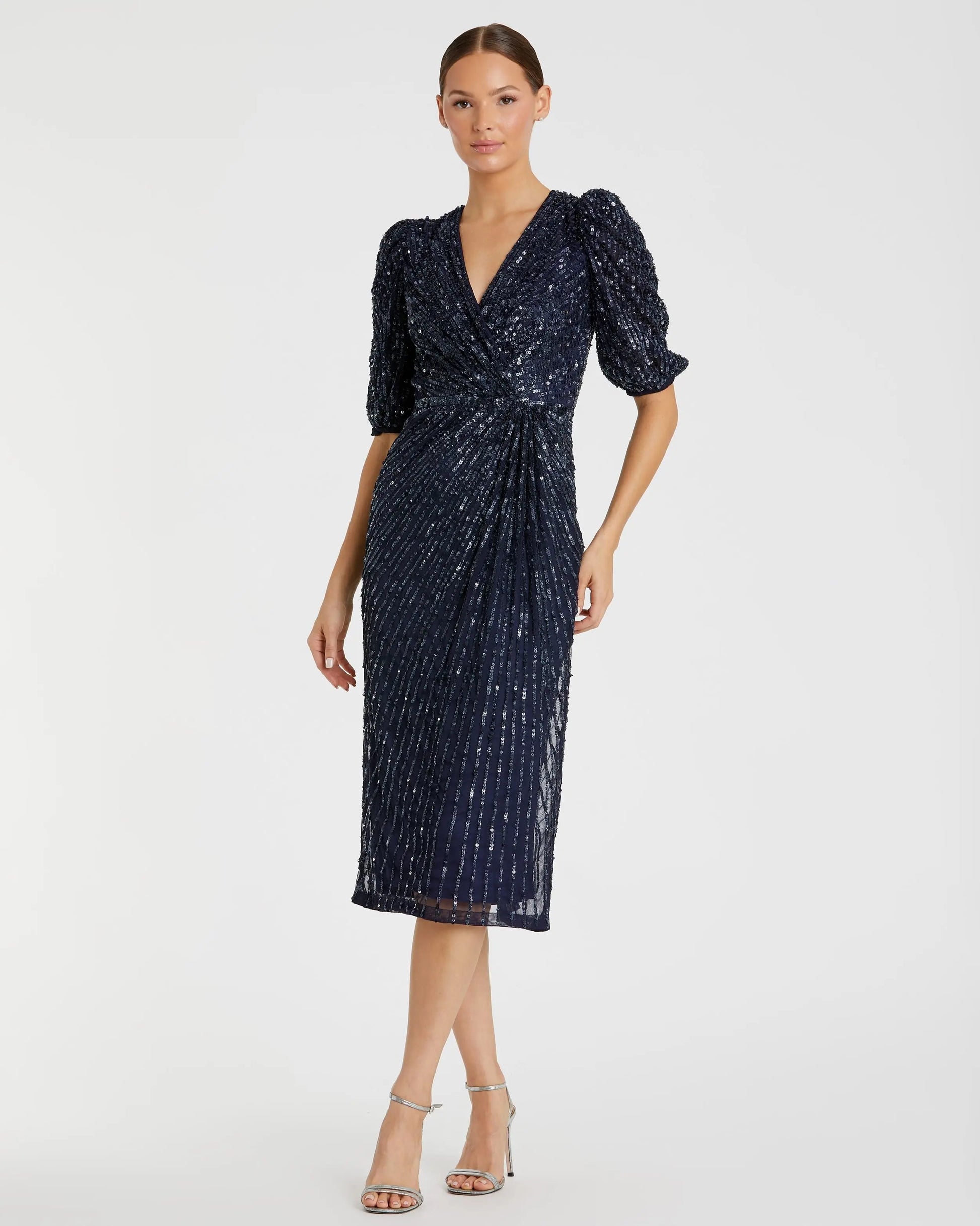 Mac Duggal Women's Puff-Sleeve Midi-Dress - Midnight - Size 6 Mac Duggal Women's Puff-Sleeve Midi-Dress - Midnight - Size 6