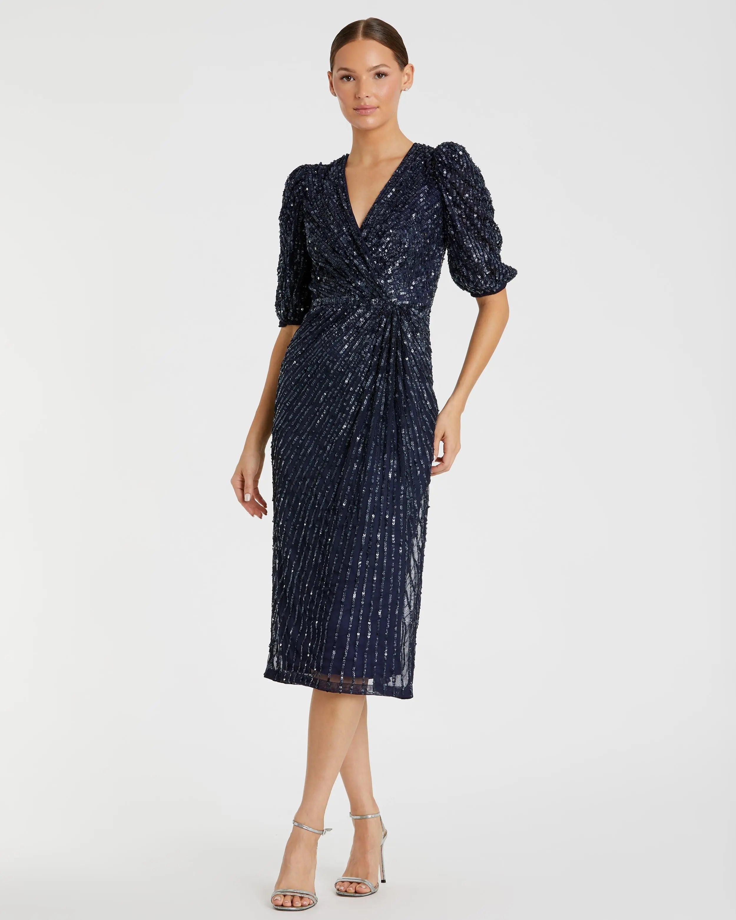Navy Embellished Short Sleeve Empire Waist Dress | Mac Duggal Navy Embellished Short Sleeve Empire Waist Dress | Mac Duggal