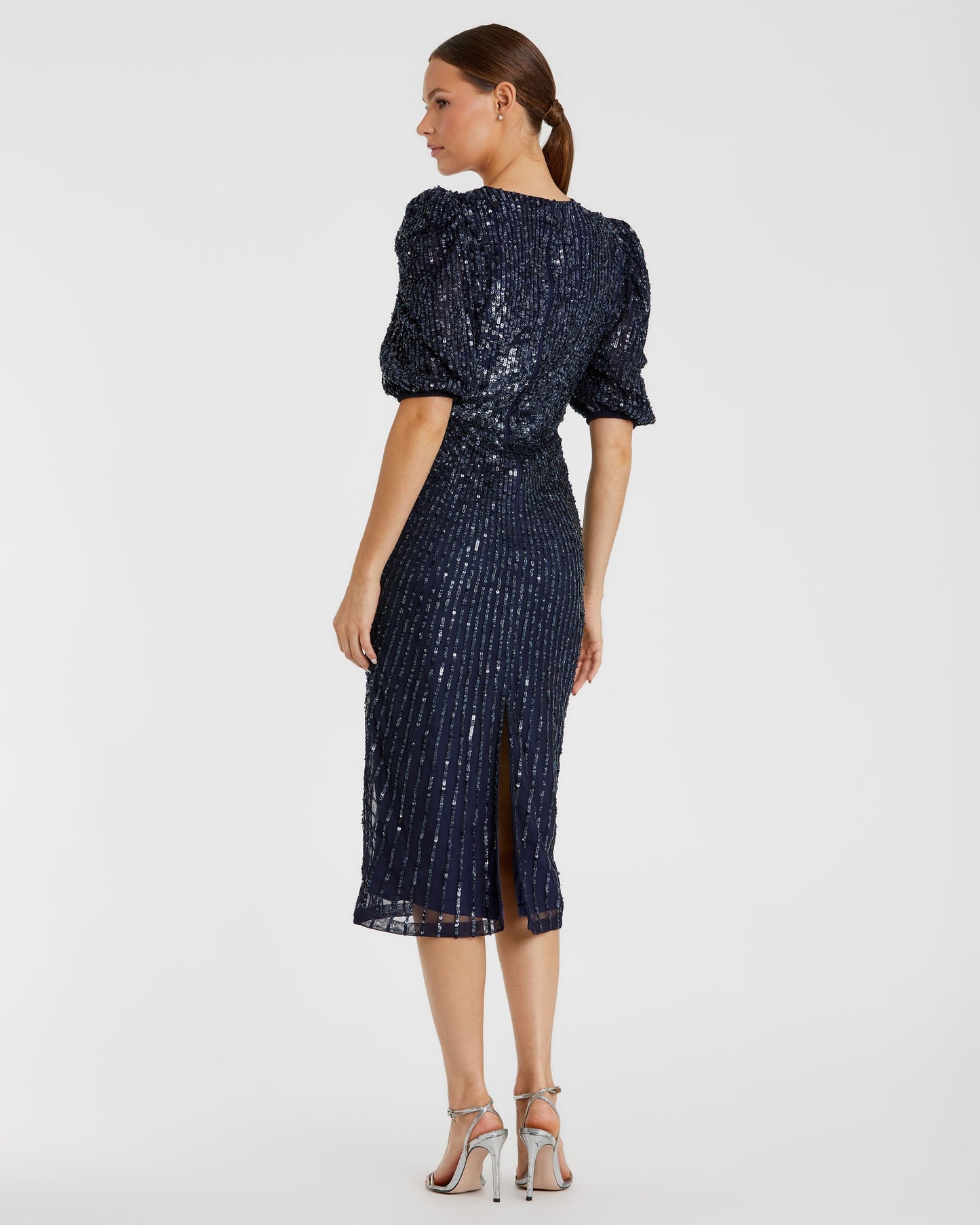 Sequined V-Neck Short Puff Sleeve Midi Dress