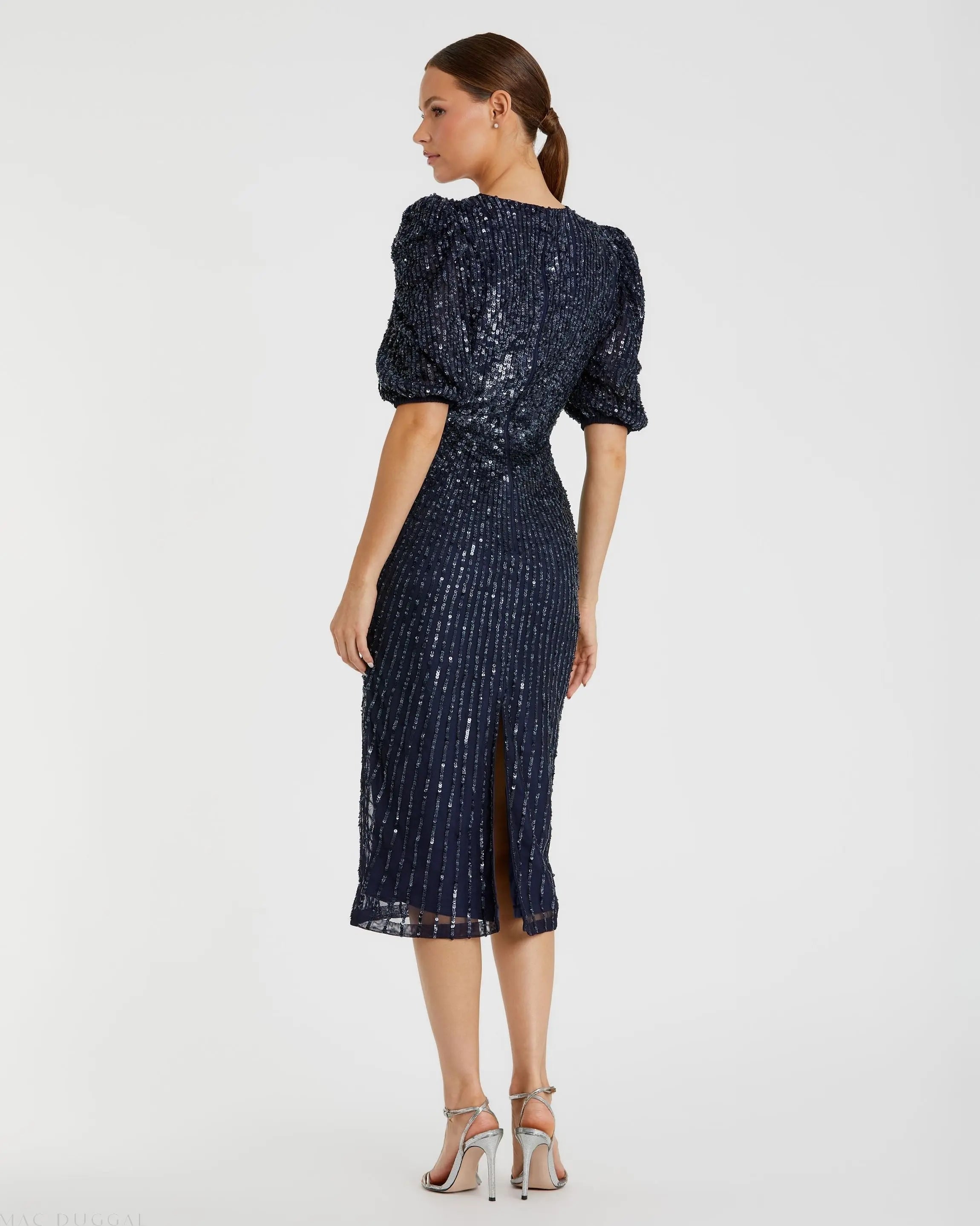 Sequined V-Neck Short Puff Sleeve Midi Dress - Mac Duggal