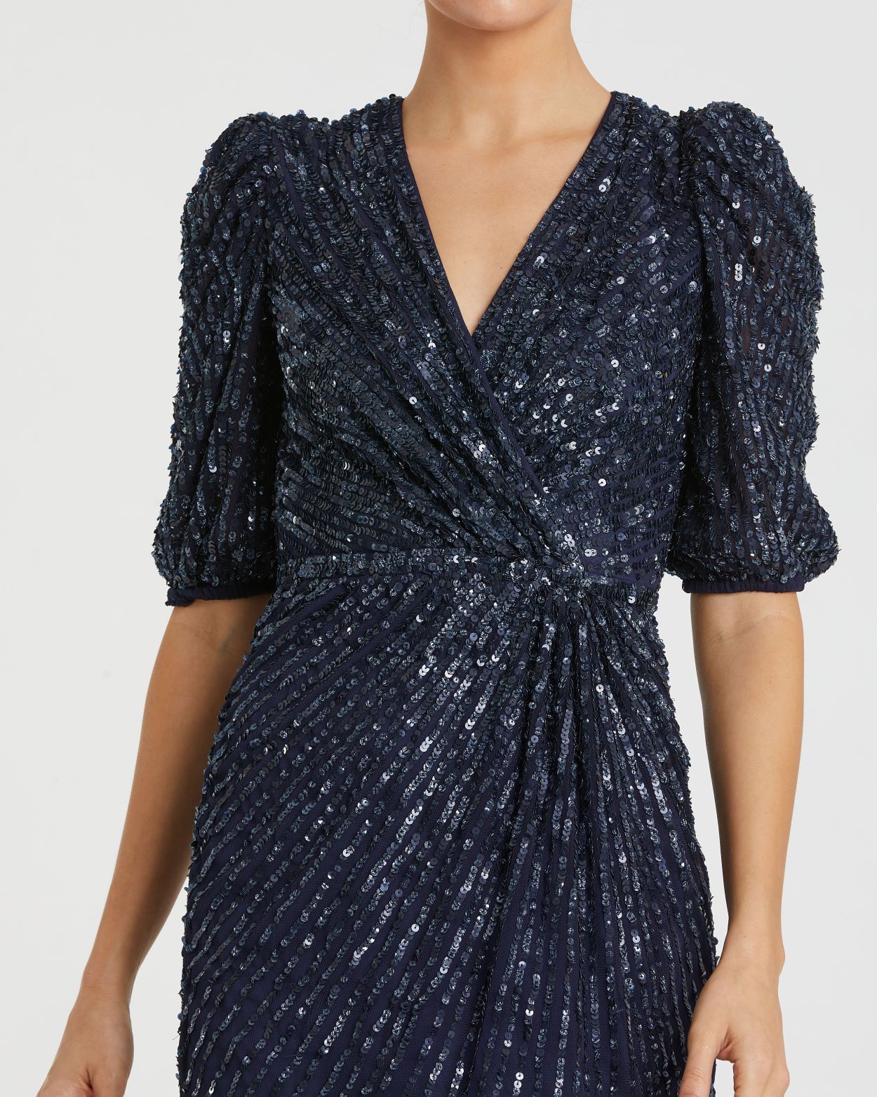 Sequined V-Neck Short Puff Sleeve Midi Dress